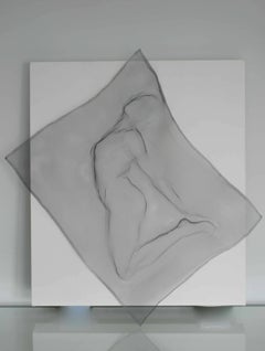 Reverie I: Metal mesh life sculpture, sewn onto white canvas