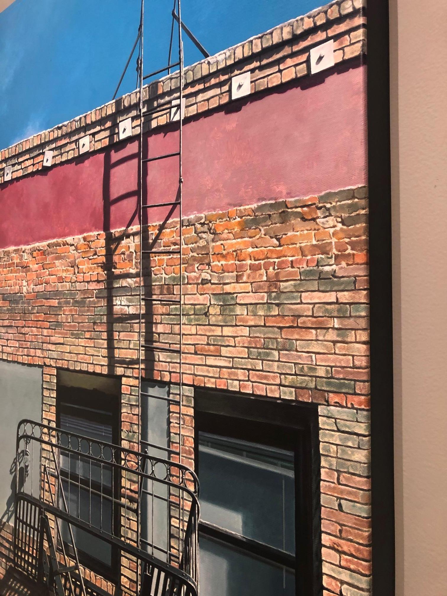 'Scaling the Heights' in mainly blue, jade green, red and grey, by one of California’s premier realist arrtists', Lynette Cook, who captures urban landscapes of San Francisco’s Chinatown and other Bay Area regions. Her images — often gritty scenes