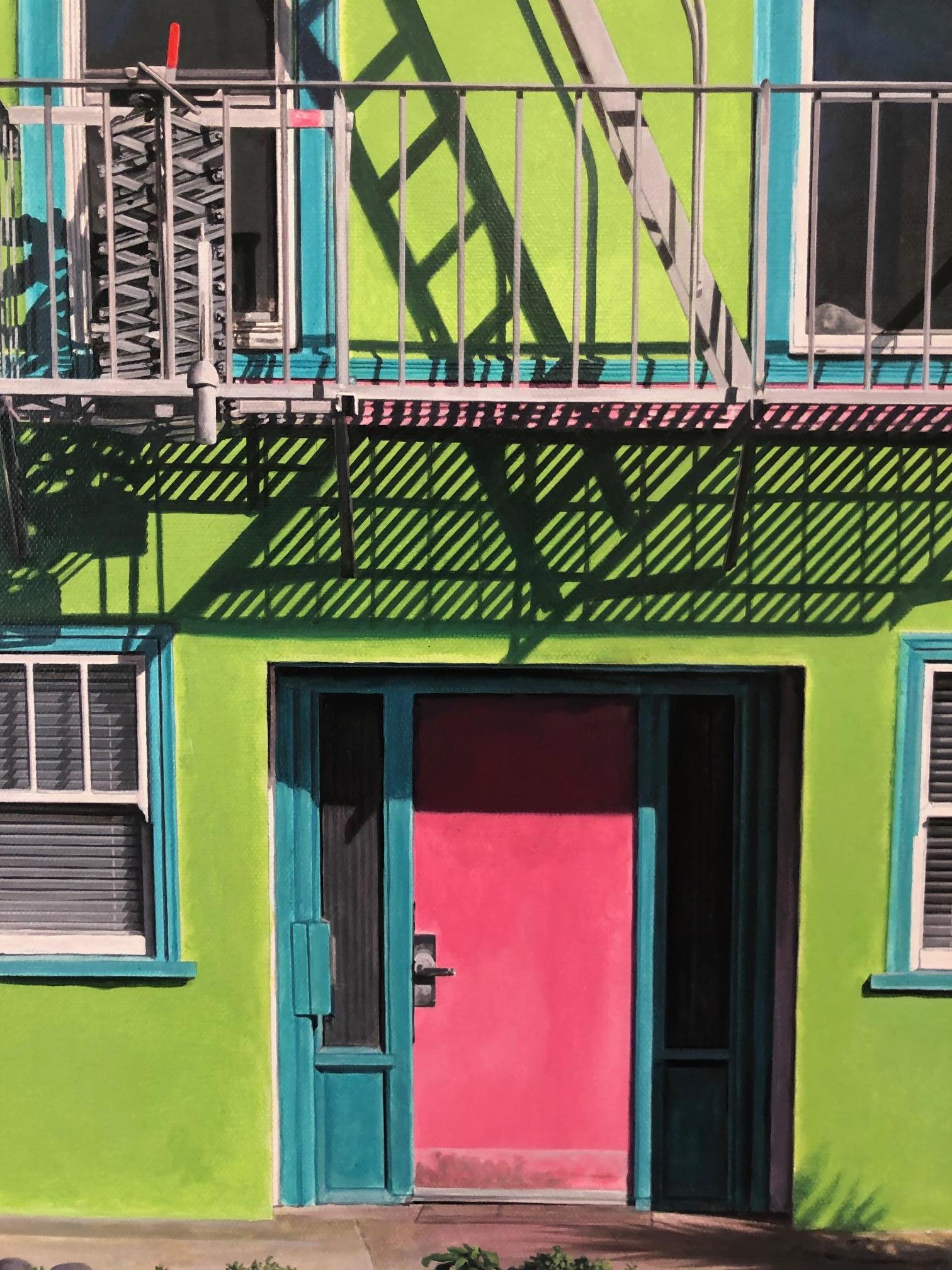 'Wild Child' depicts a San Francisco home, painted brightly to reflect the free spirited city that is bathed in warm west coast sunlight with shadows cascading across the facade of the building, which is the artist's focus in her Shadows and