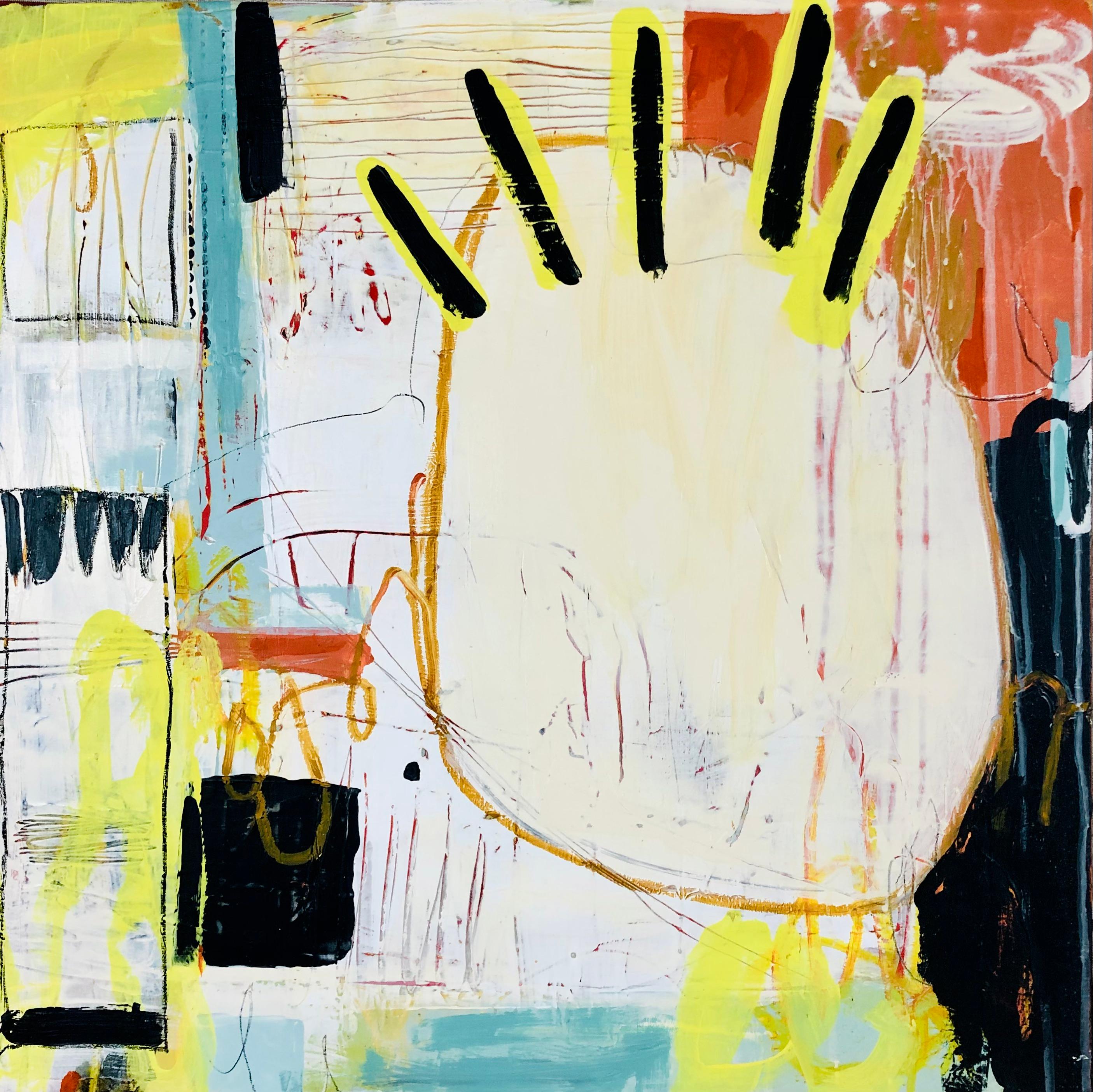 Abstract Painting Lynette Reed - Bright Idea - Peinture acrylique abstraite originale jaune, bleue et rouge