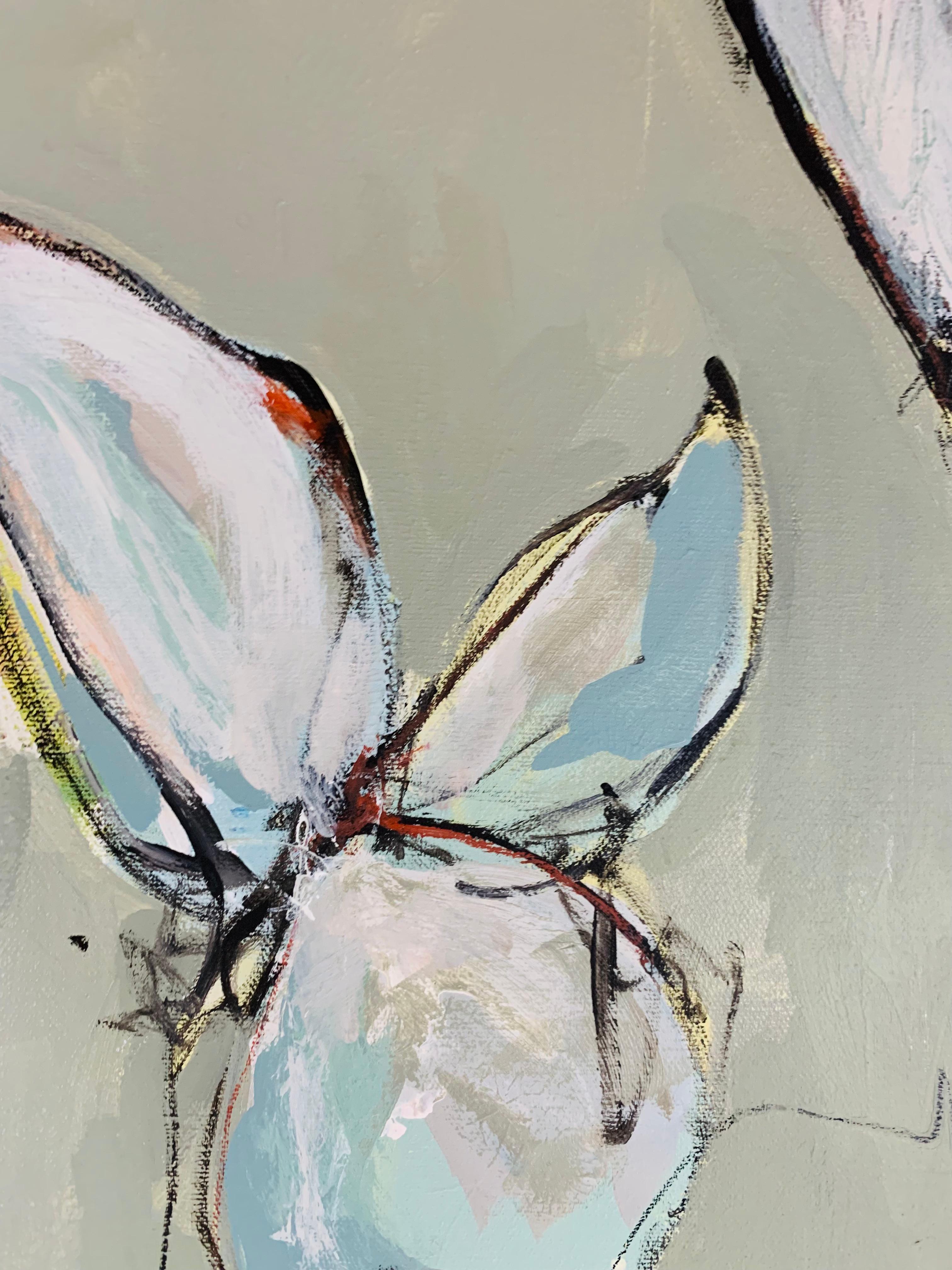 Pittura astratta originale in acrilico Casa sulla spiaggia bianco pallido verde salvia 3