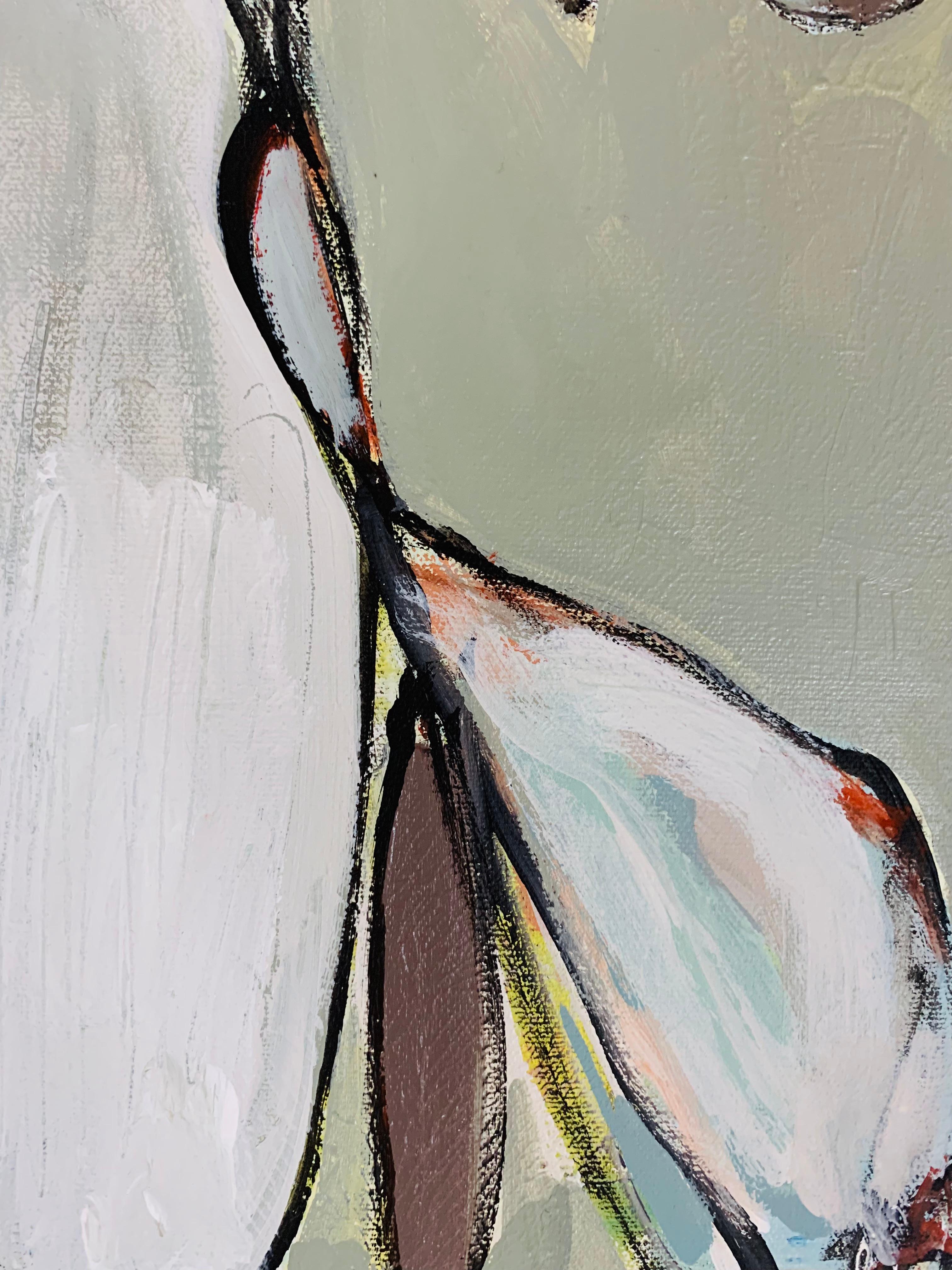 Pittura astratta originale in acrilico Casa sulla spiaggia bianco pallido verde salvia 4