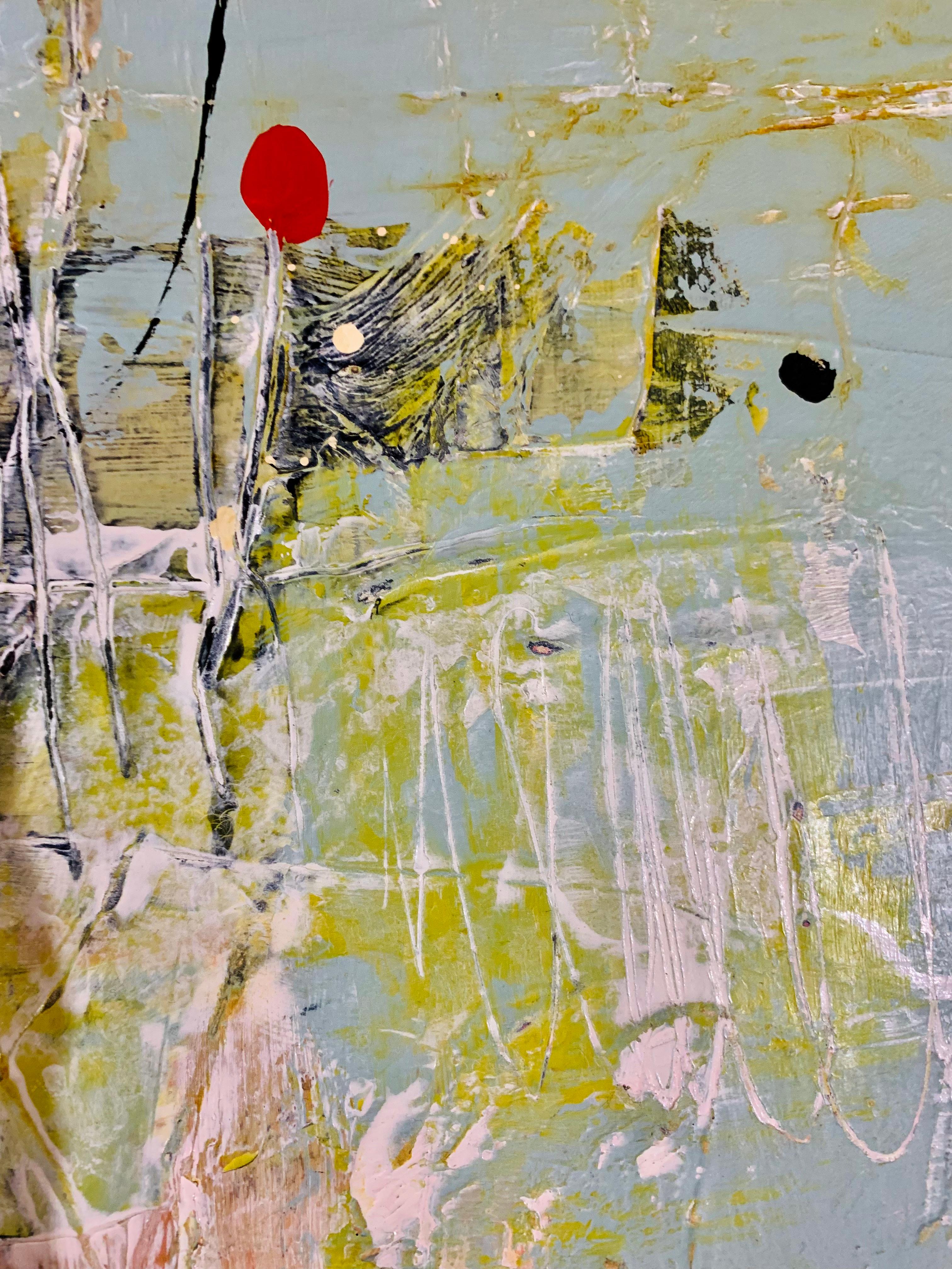 Peinture acrylique abstraite originale sur toile - Chartreuse rouge et bleue 1