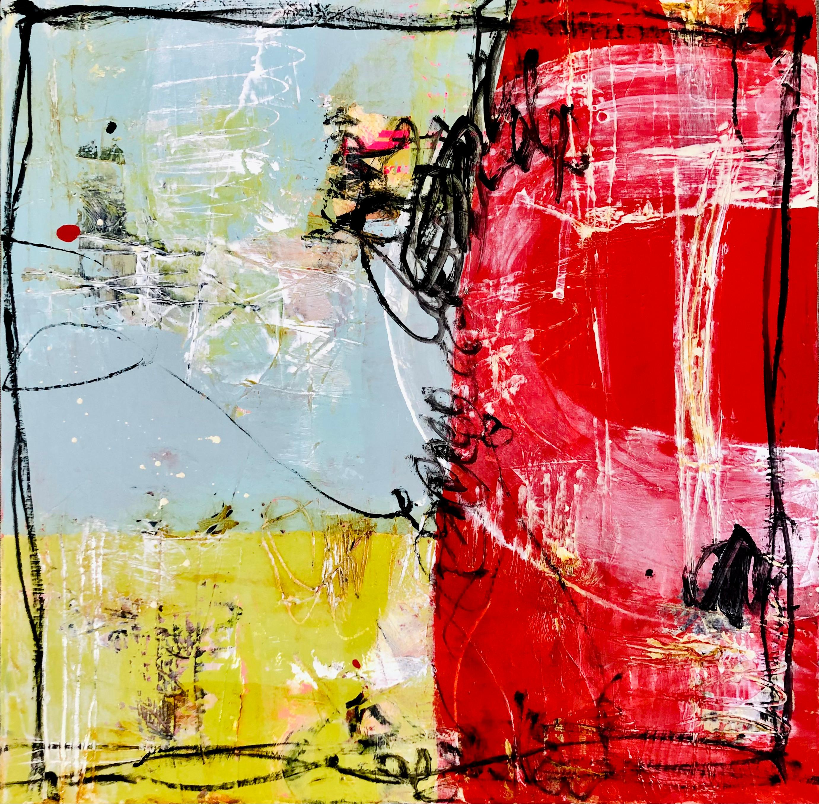 Abstract Painting Lynette Reed - Peinture acrylique abstraite originale sur toile - Chartreuse rouge et bleue