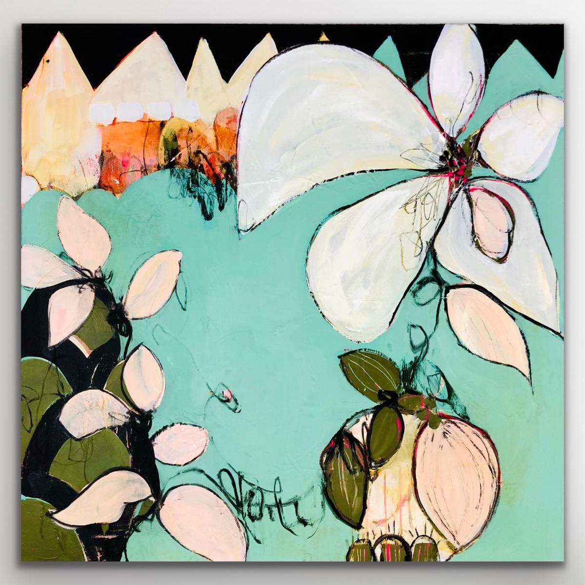 Peinture abstraite originale à l'acrylique sur toile - Fleur de vigne turquoise, bleu et orange - Gris Abstract Painting par Lynette Reed