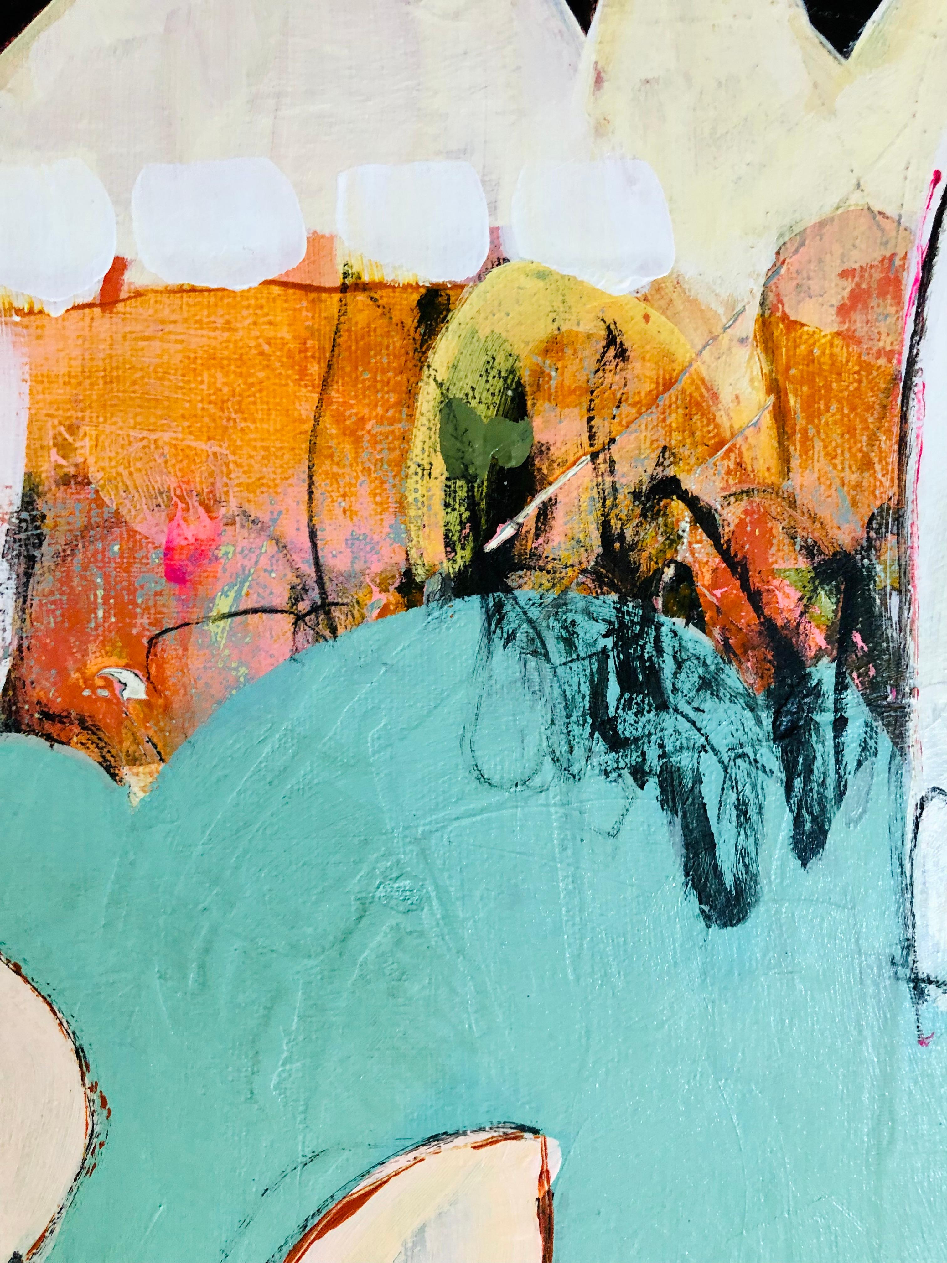 Peinture abstraite originale à l'acrylique sur toile - Fleur de vigne turquoise, bleu et orange en vente 3