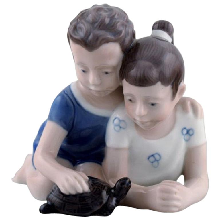 Lyngby Porcelæn, Denmark, Figure in Porcelain, Siblings with Turtle, 1940s