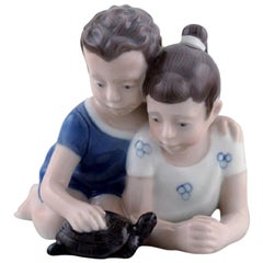 Lyngby Porcelæn, Denmark, Figure in Porcelain, Siblings with Turtle, 1940s