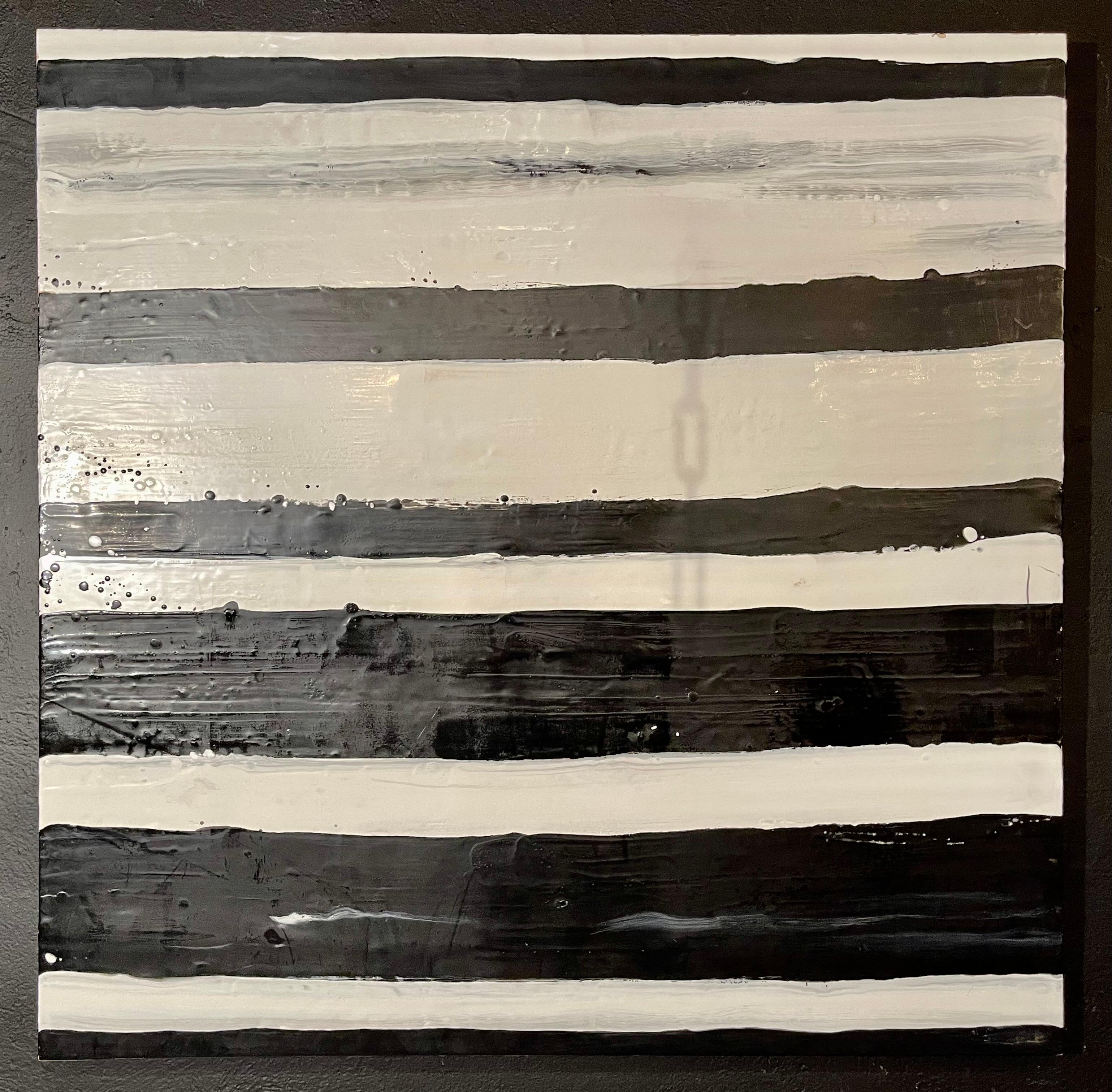 Modern Lynn Basa Encaustic Black and White Stripe Panel 
