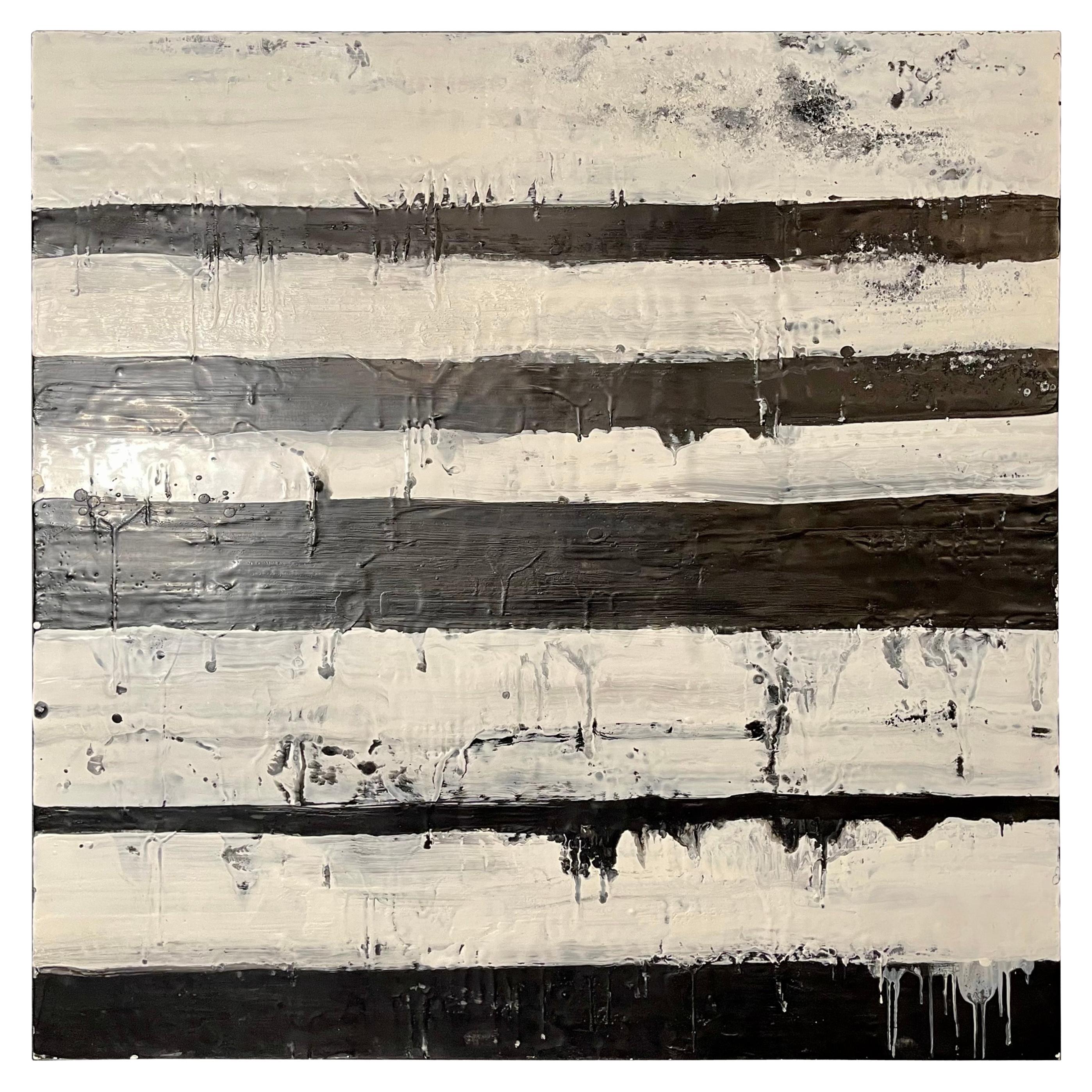 Lynn Basa Encaustic Black and White Stripe Panel "Mostly White" 2012