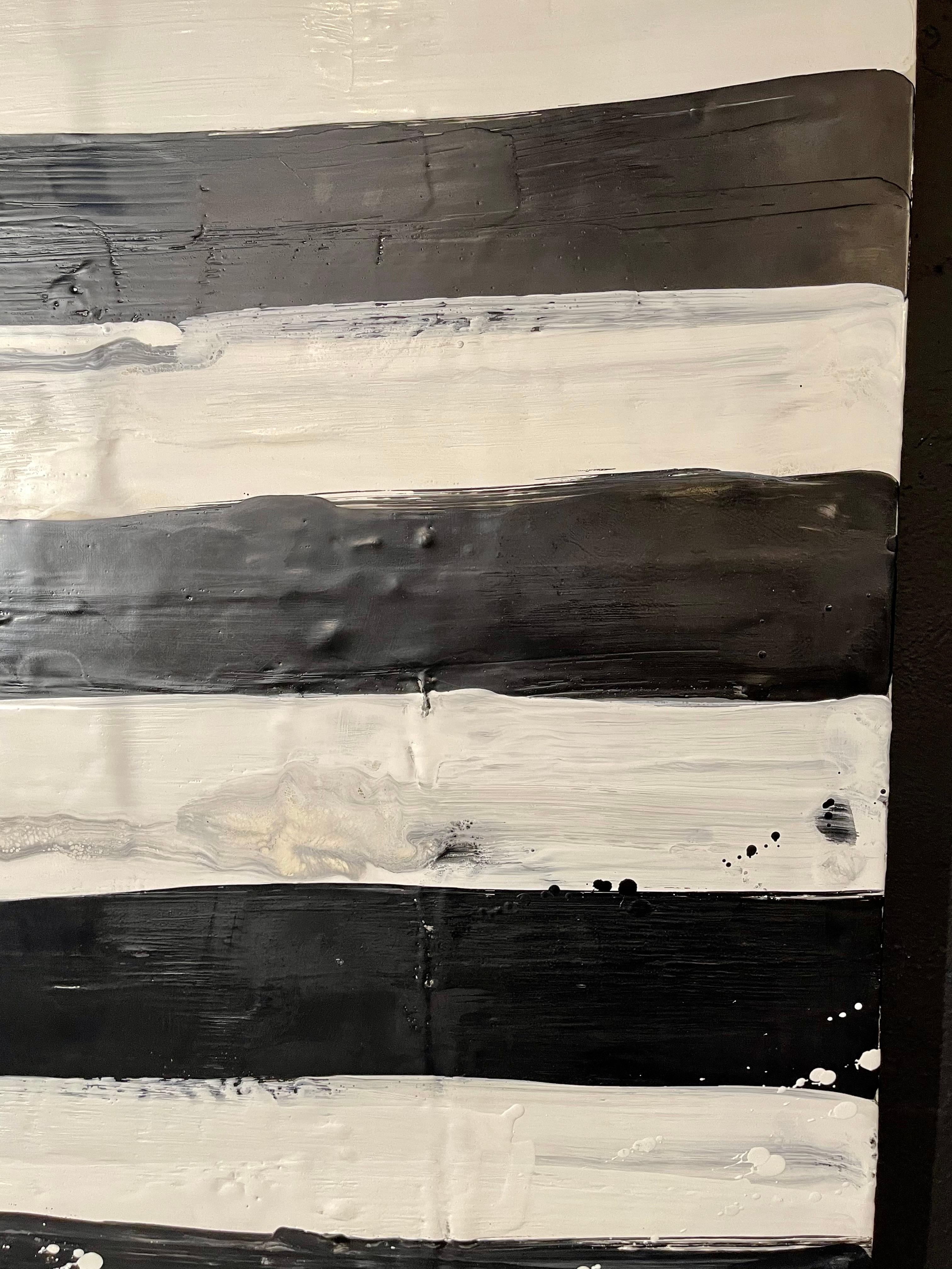 Hand-Painted Lynn Basa Encaustic Black and White Stripe Panel 