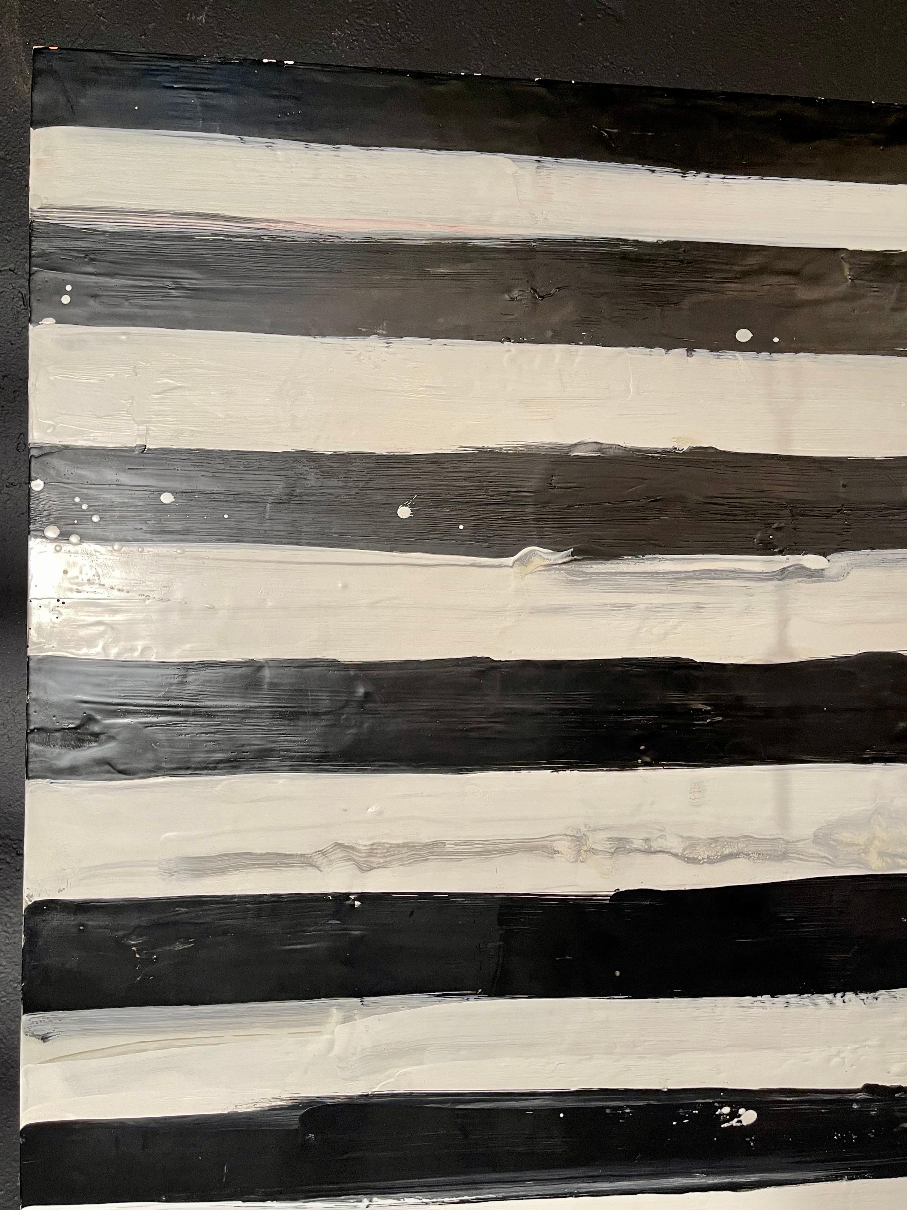 Contemporary Lynn Basa Encaustic Black and White Stripe Panel 