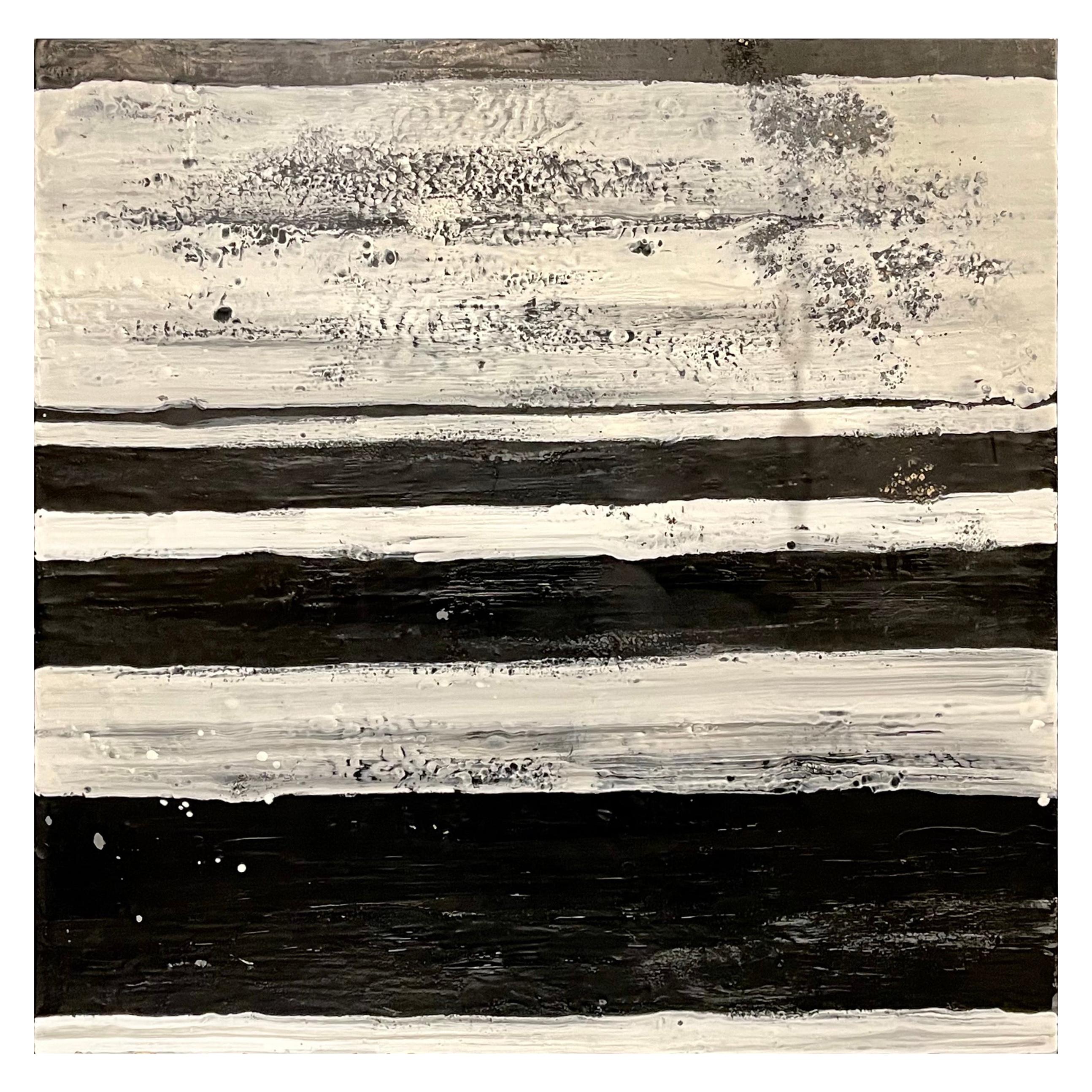 Lynn Basa Encaustic Black and White Stripe Panel "The Speckled", 2013