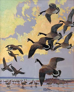 Canadian Geese and Hunters-  Realistic Mid-Century Sporting Art
