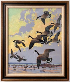 Canadian Geese and Hunters-  Realistic Mid-Century Sporting Art