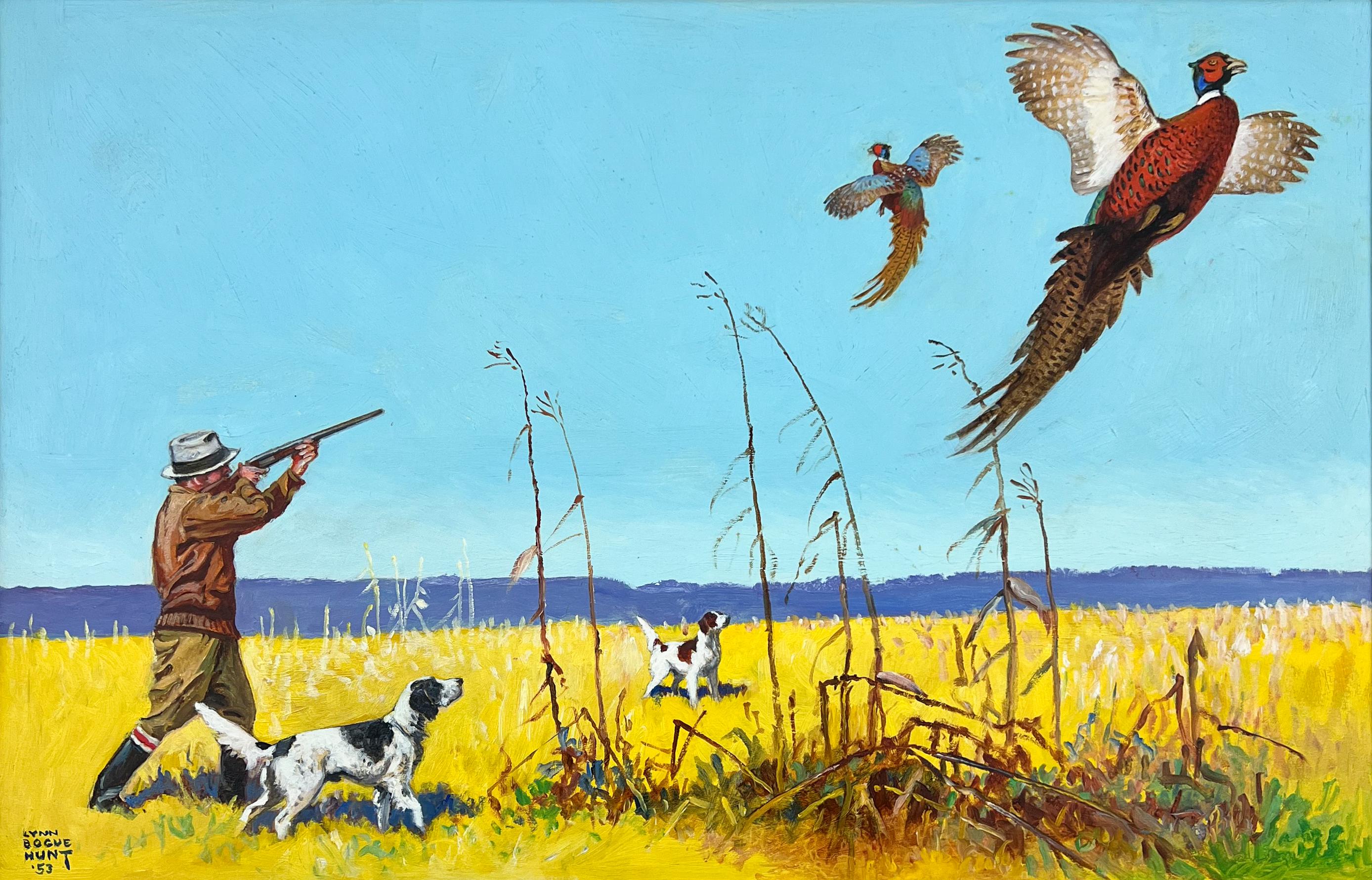 Two Hunting Dogs in a Field-  Realistic Mid-Century Wildlife Painting, 1953 - Brown Landscape Painting by Lynn Bogue Hunt