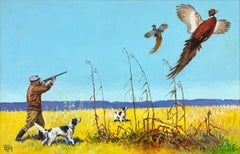 Two Hunting Dogs in a Field-  Realistic Mid-Century Wildlife Painting, 1953