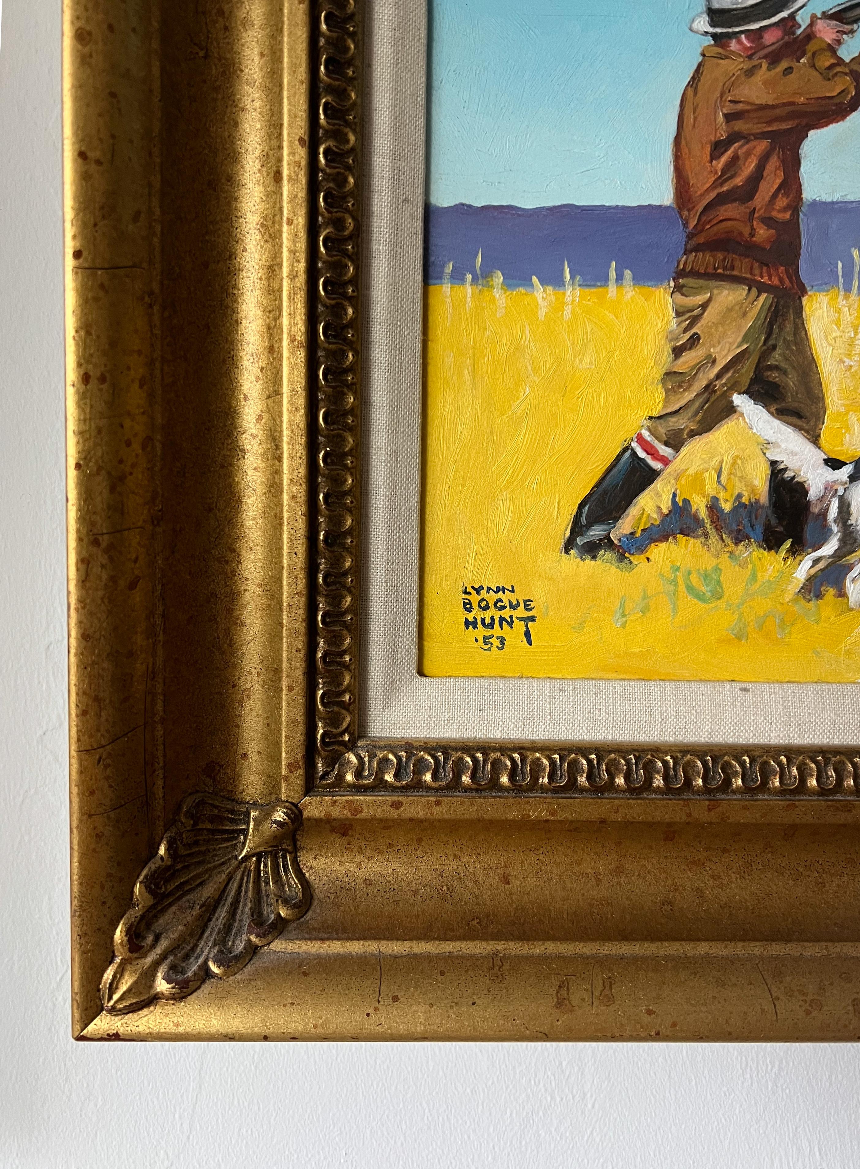 Signature: Signed Lower Left
Medium: Oil on Board
Frame:  Gilt Frame with Decorative Elements and Linen Inset

Brightly colored and bold illustration of an American hunting scene featuring two dogs and two pheasants.   The bold, bright blues and