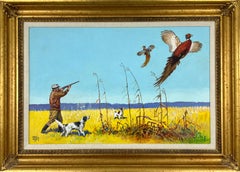 Deux chiens de chasse dans un champ  Peinture réaliste de faune du milieu du siècle dernier, 1953