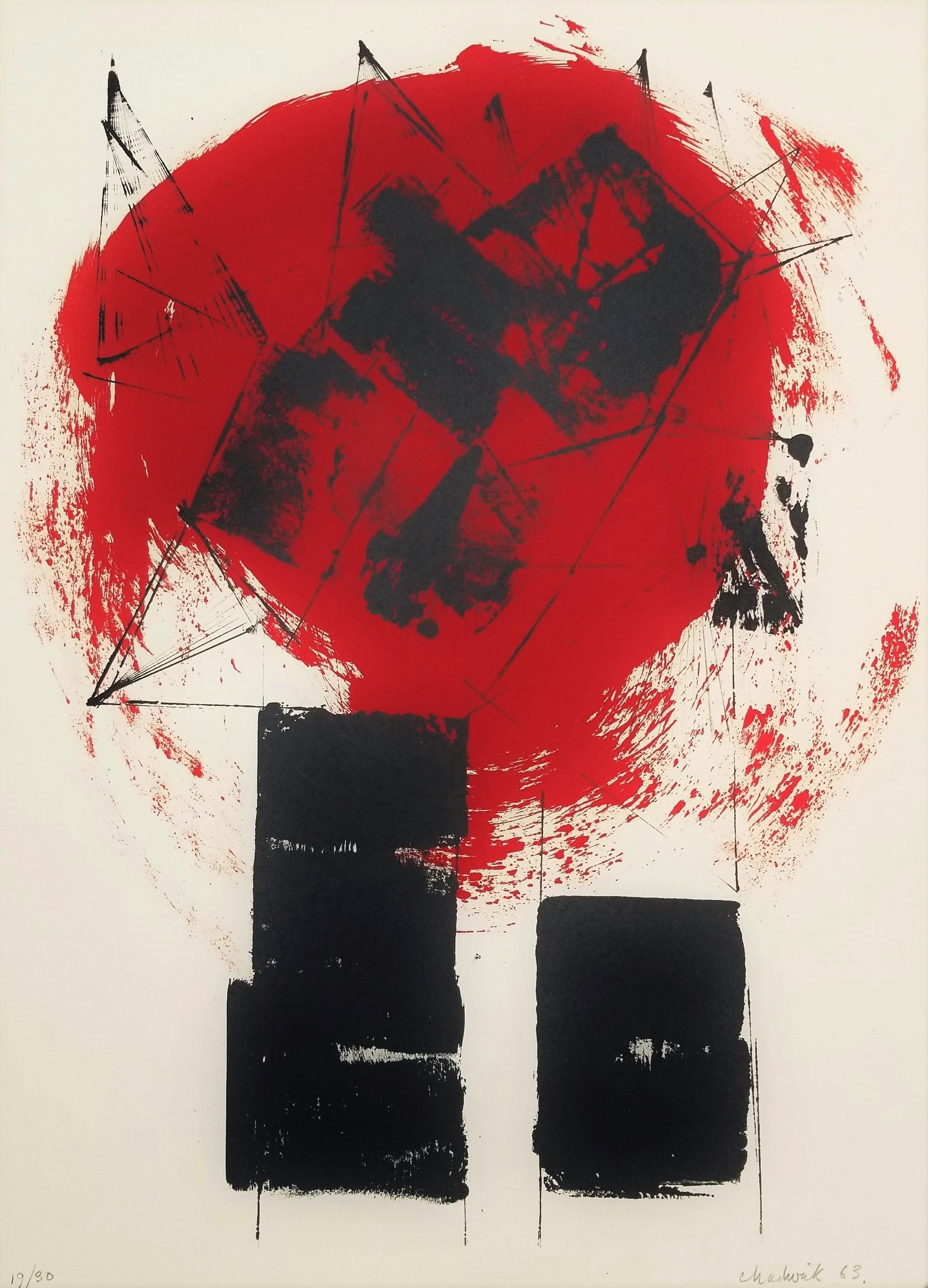Artist: Lynn Chadwick (English, 1914-2003)
Title: "Red and Black II"
Series: Red and Black
*Signed and dated by Chadwick in pencil lower right
Year: 1963
Medium: Original Lithograph on J.B. Green Hayle Mill Crisbrook handmade paper
Limited edition: