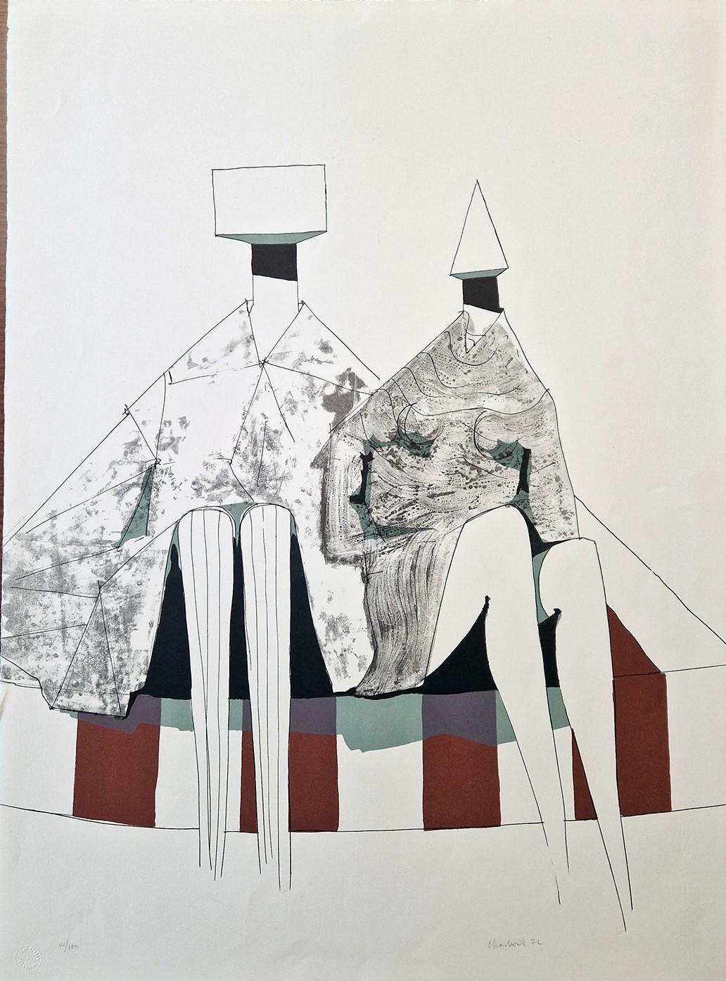 Lynn Chadwick Figurative Print - Two Seated Figures on Stripes