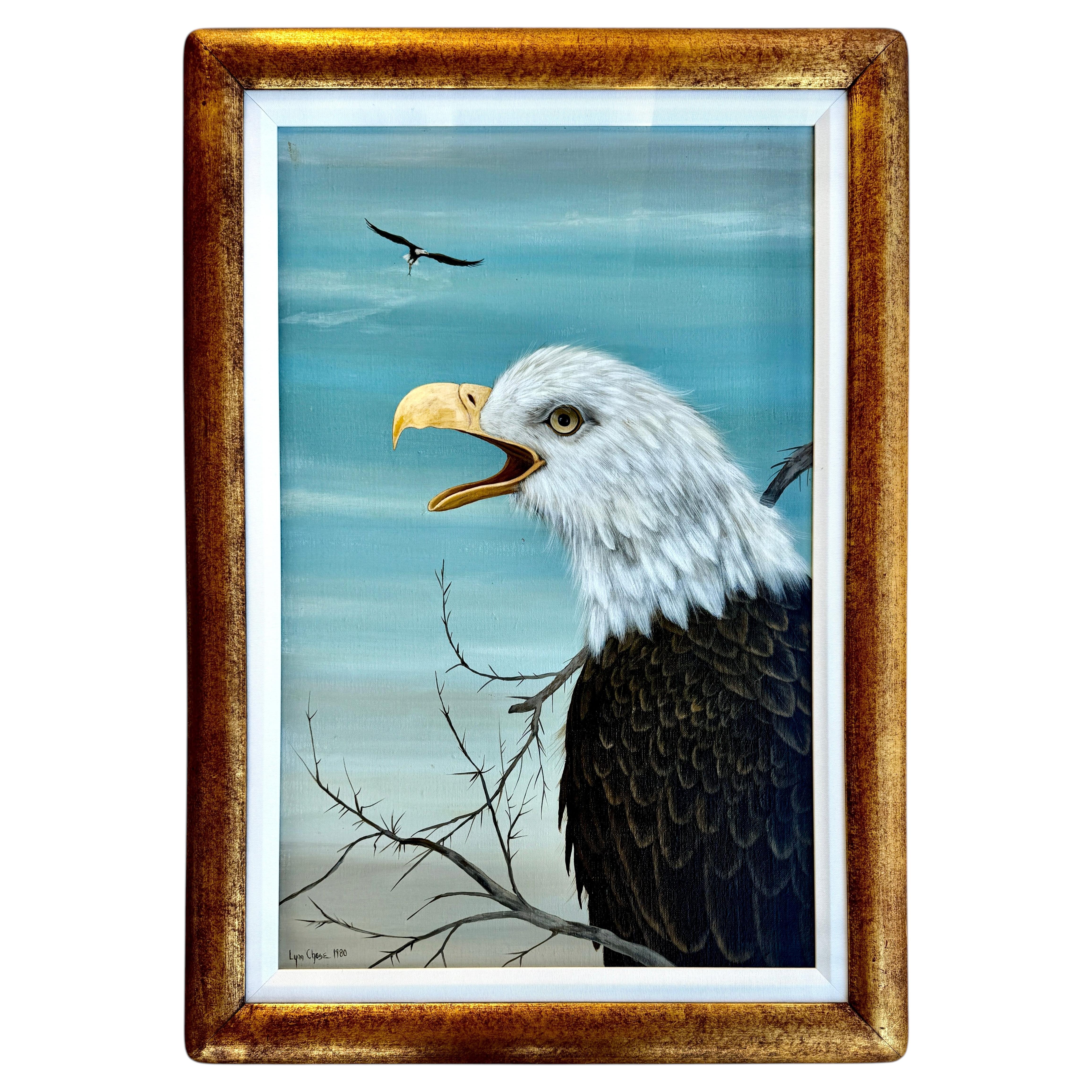 American Bald Eagle Oil Painting Signed Lynn Chase 1980 Wildlife Art. 33.5x23.5