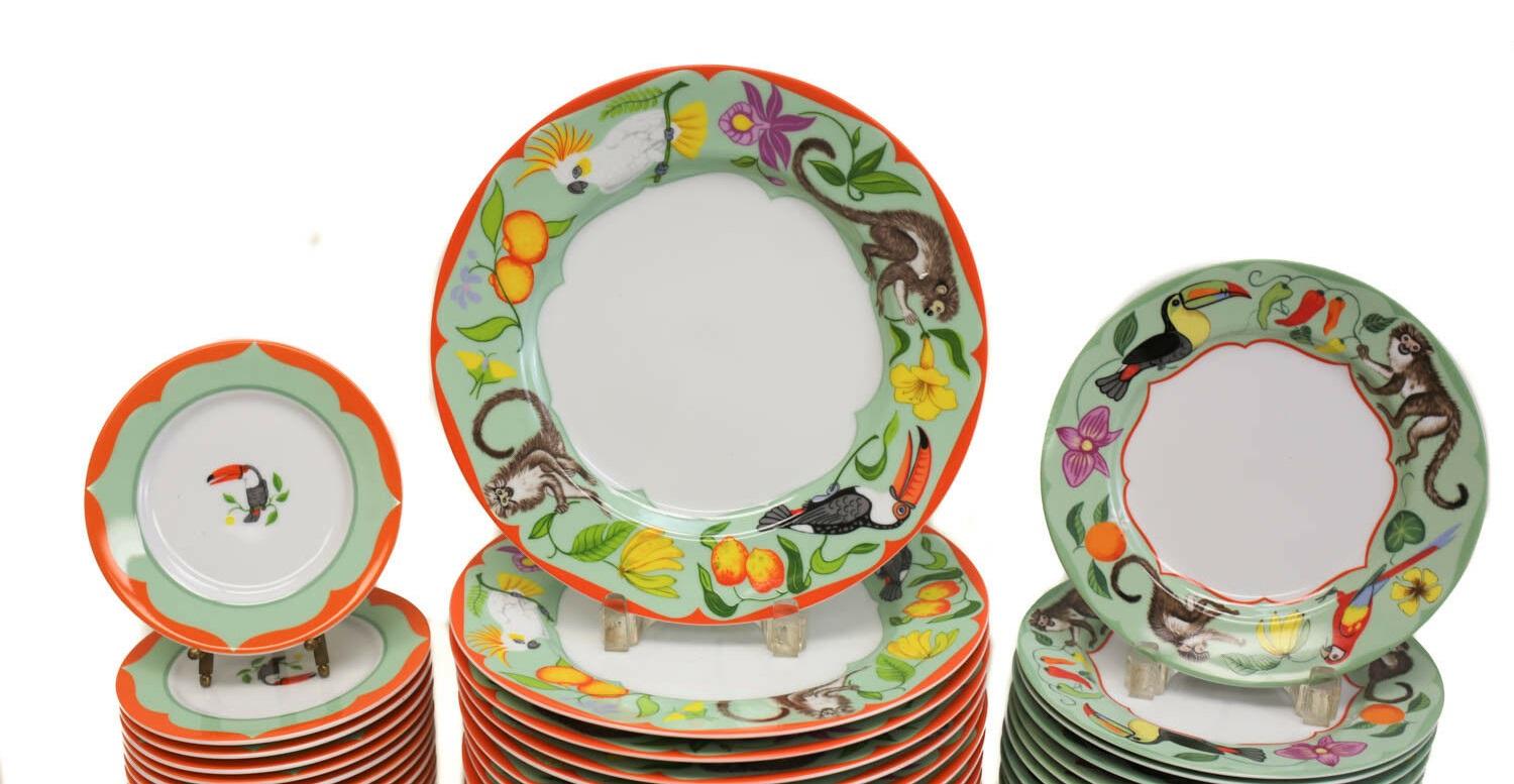 North American Lynn Chase Fine China Porcelain 7-Piece Dinner Service for 12 in Monkey Business For Sale
