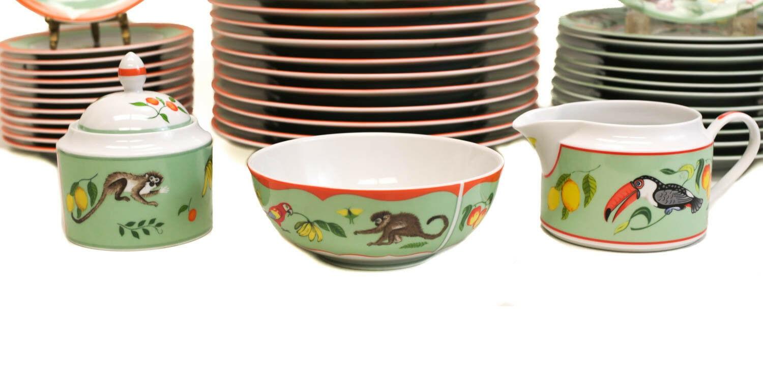 Lynn Chase Fine China Porcelain 7-Piece Dinner Service for 12 in Monkey Business In Good Condition For Sale In Pasadena, CA