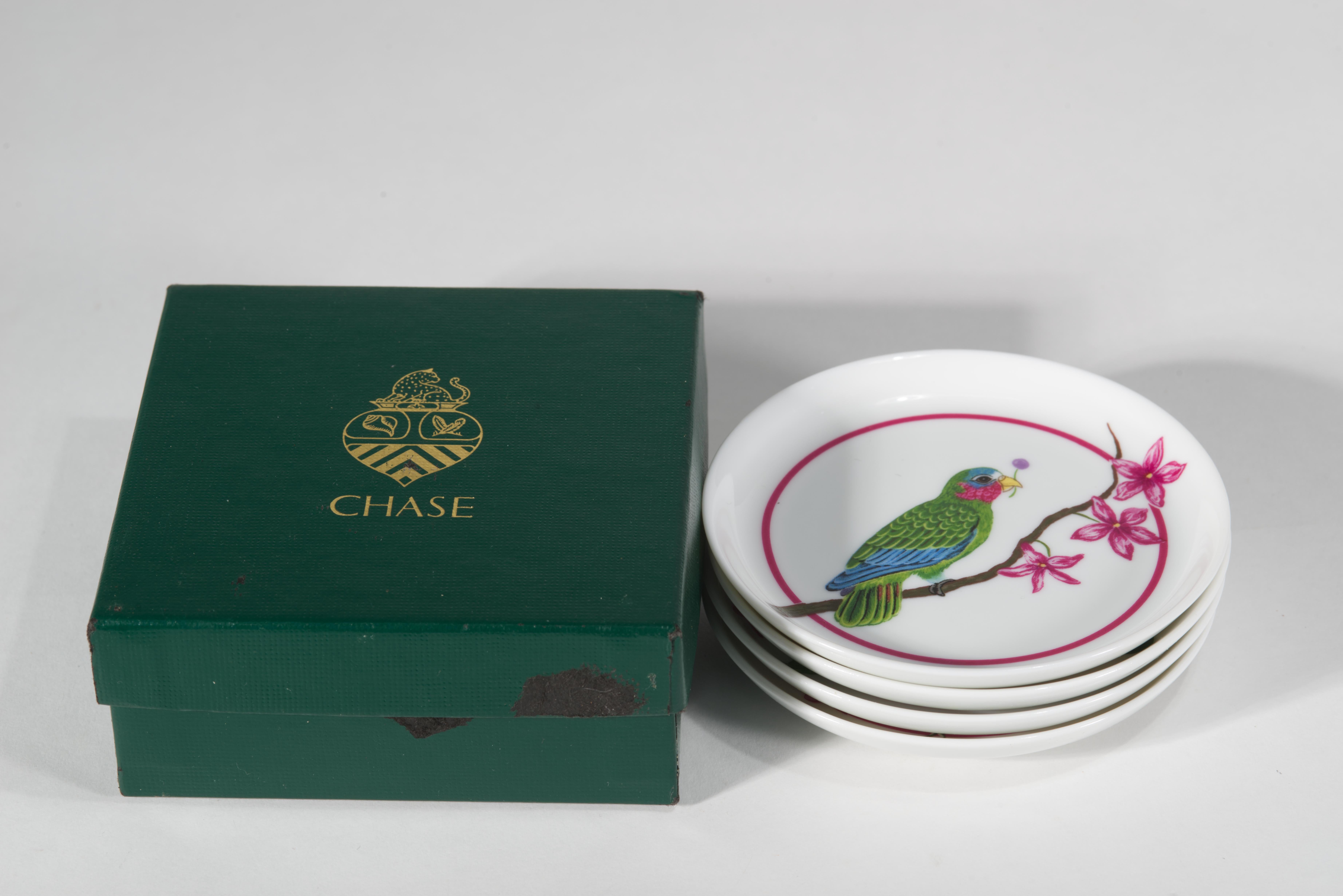 Chinoiserie Lynn Chase Parrots of Paradise Set 4 Porcelain Coasters in Box For Sale
