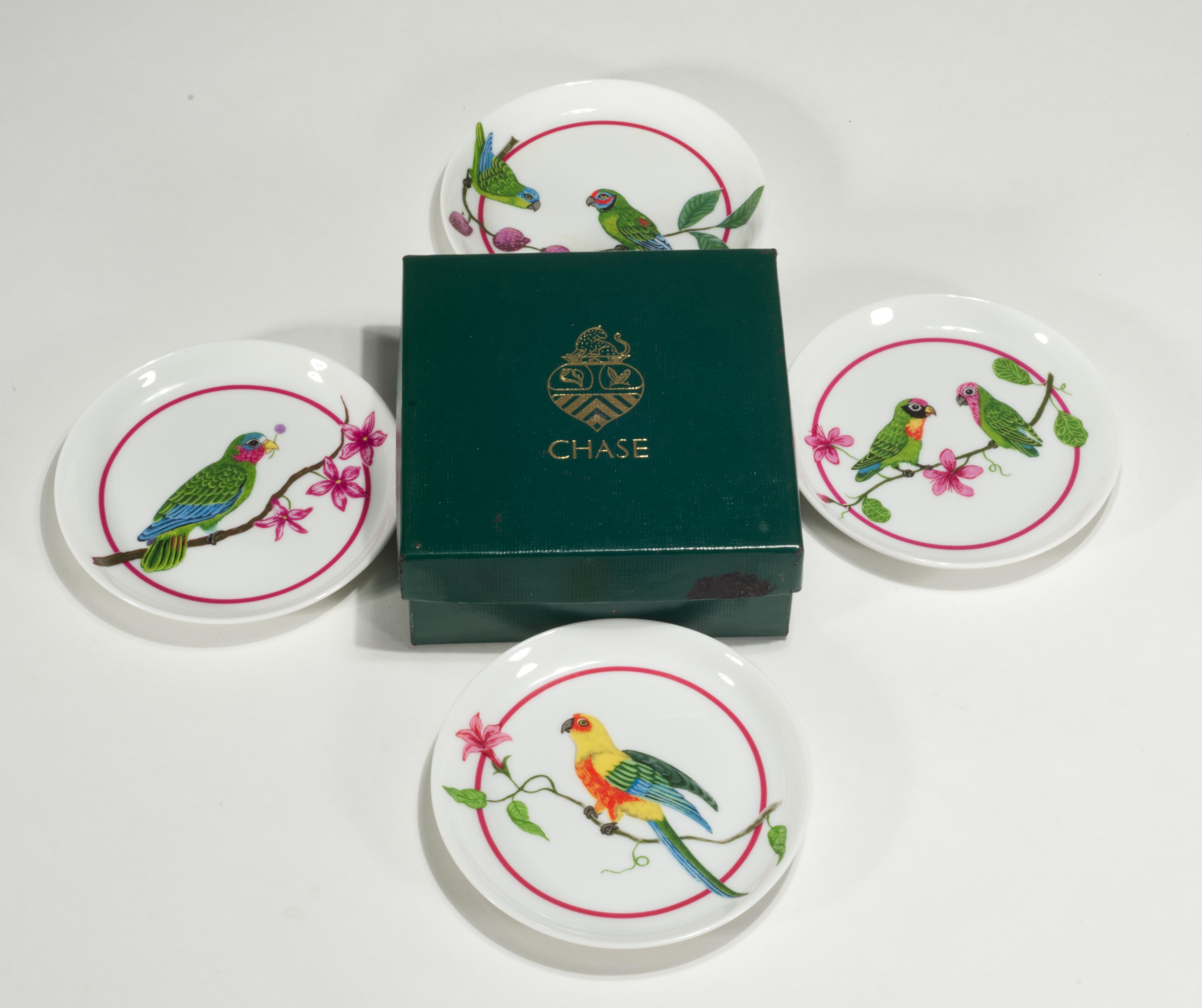 Japanese Lynn Chase Parrots of Paradise Set 4 Porcelain Coasters in Box For Sale
