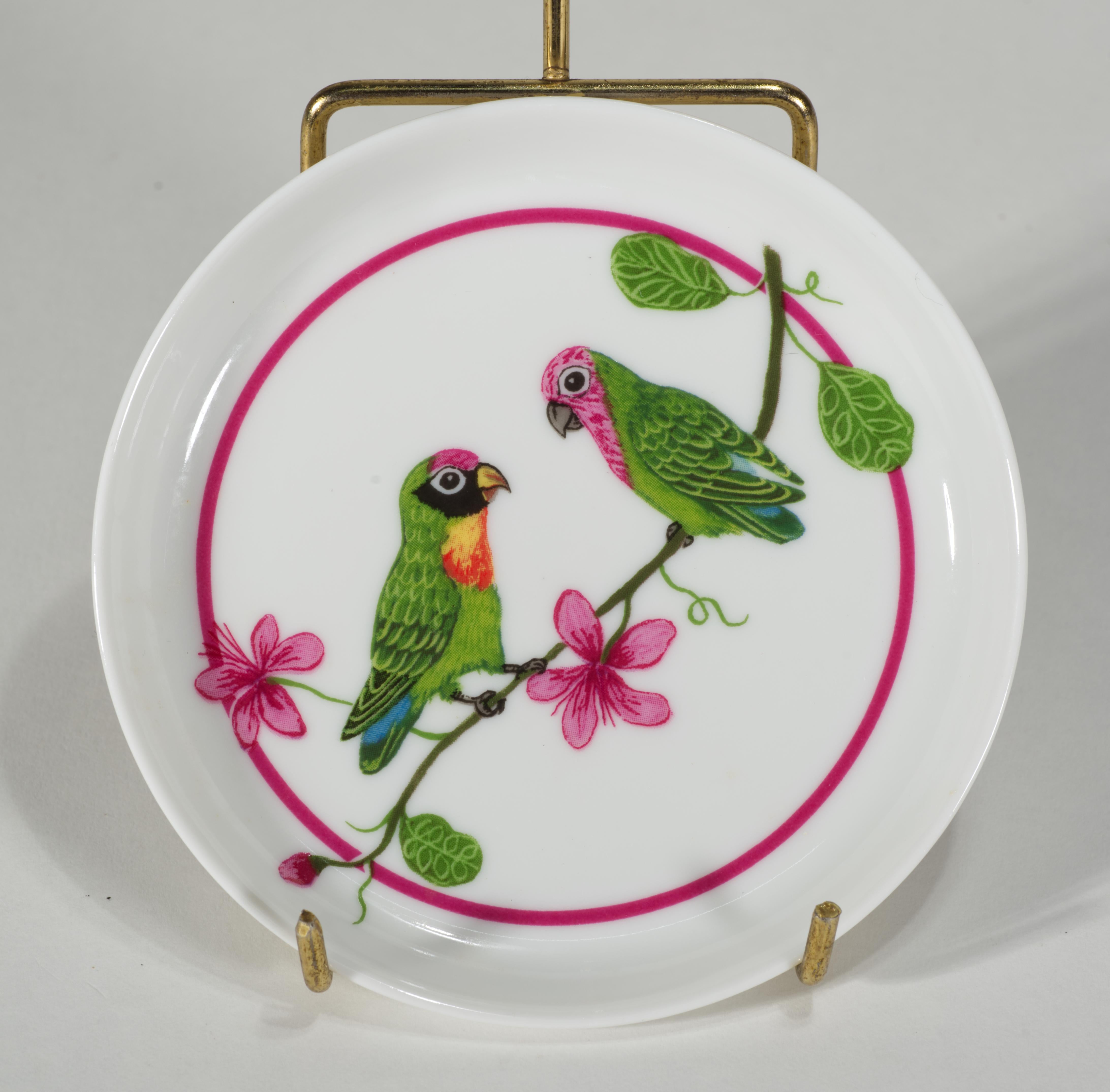 Glazed Lynn Chase Parrots of Paradise Set 4 Porcelain Coasters in Box For Sale