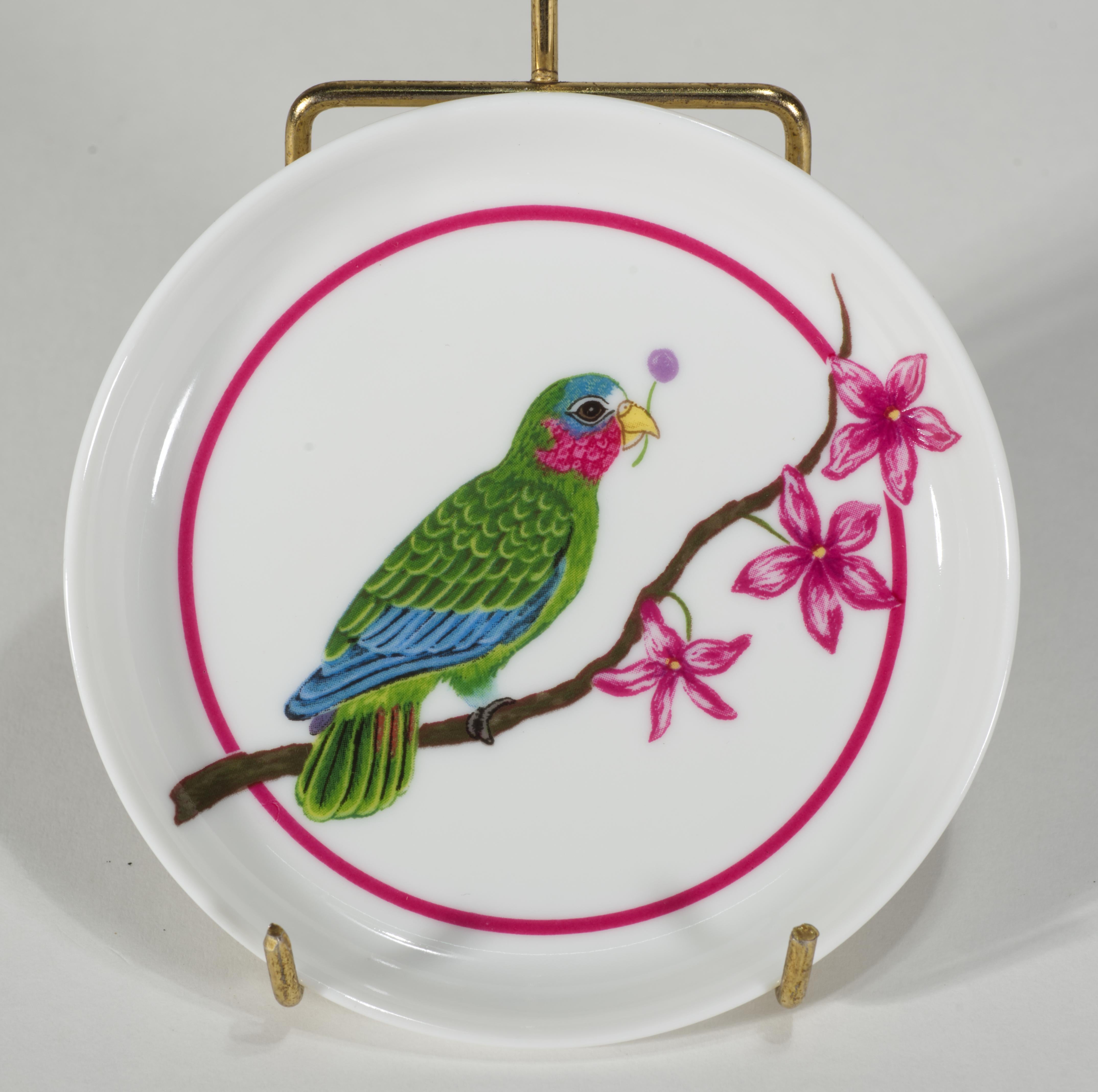 Ceramic Lynn Chase Parrots of Paradise Set 4 Porcelain Coasters in Box For Sale