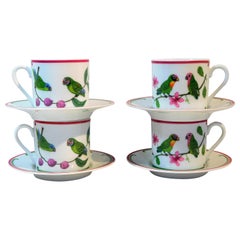 Lynn Chase "Parrots of Paradise" Set of 4 Porcelain Espresso Cups and Saucers