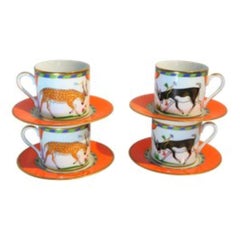 Lynn Chase "Tiger Raj" Porcelain Demitasse Cups and Saucers with 24k Gold Trim