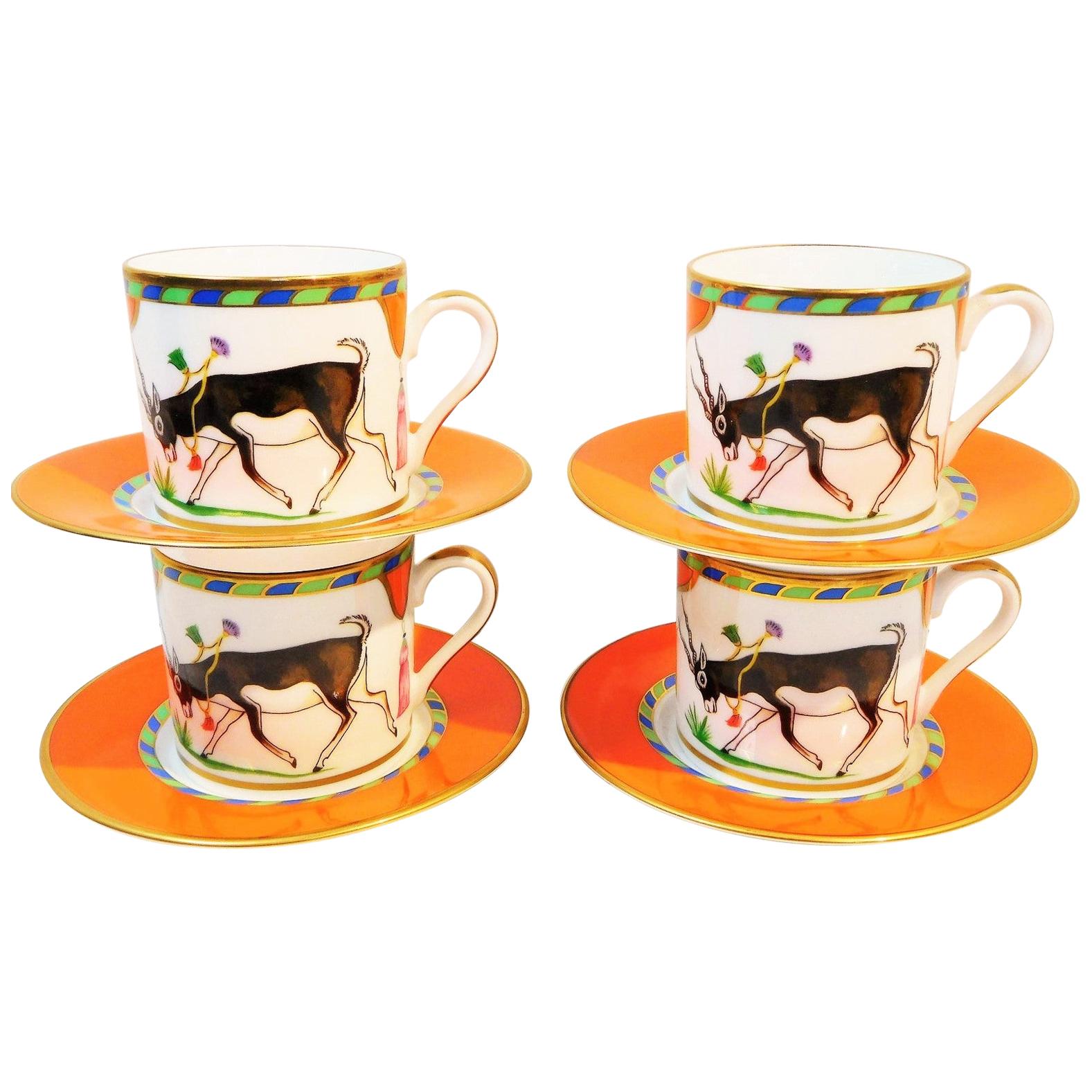 Lynn Chase "Tiger Raj" Porcelain Demitasse Cups and Saucers with 24k Gold Trim