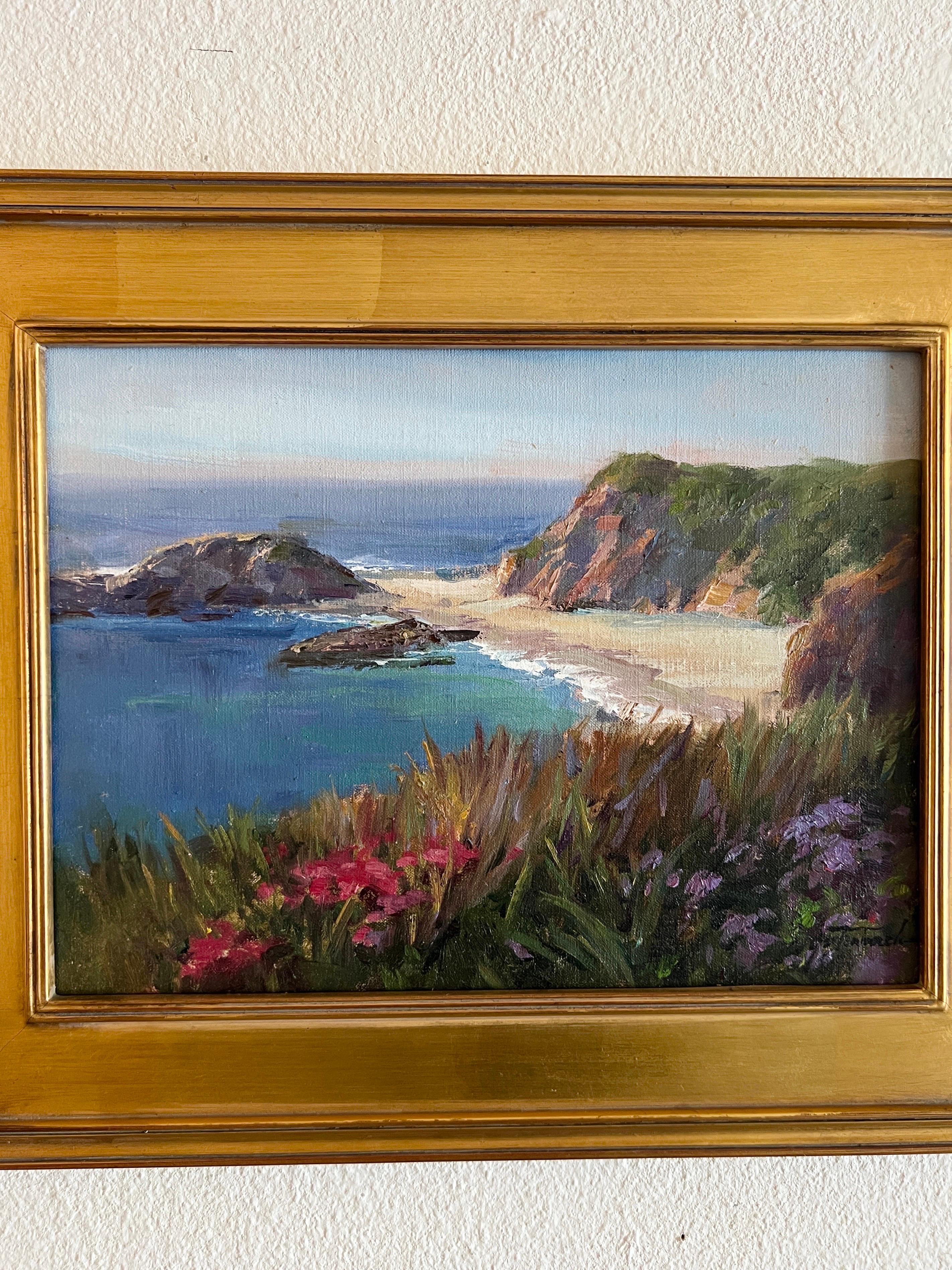 Montage Beach, California, Impressionist art of California. - Gray Landscape Painting by Lynn Gertenbach