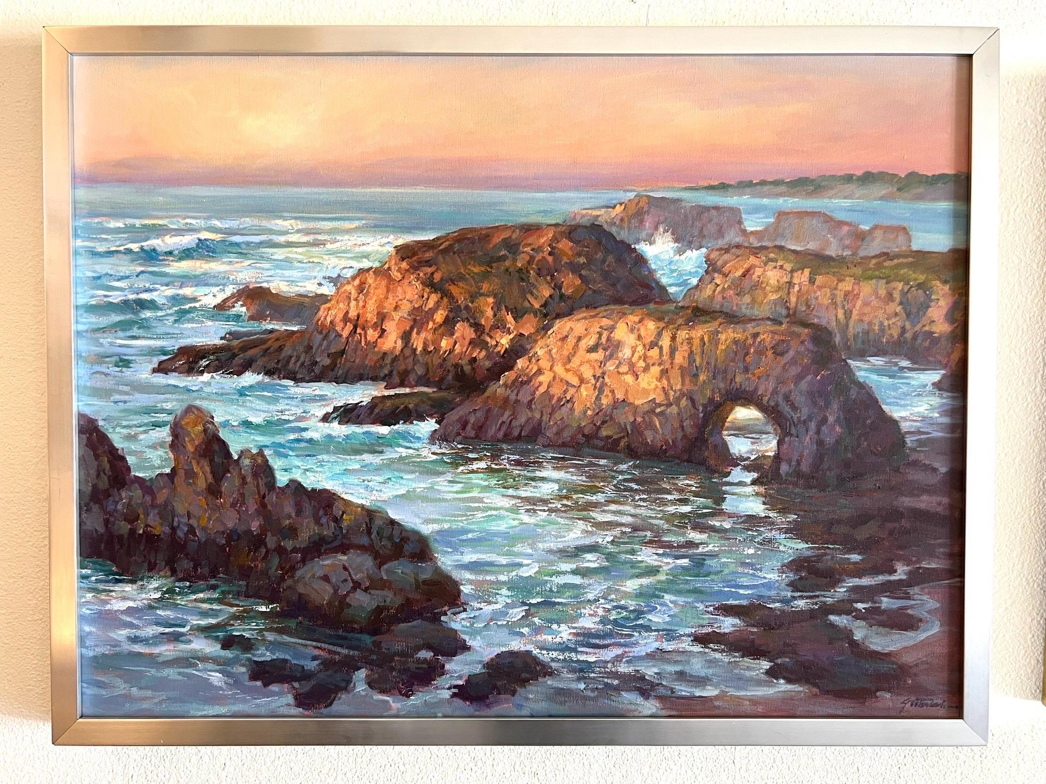 Paysage marin contemporain de Californie, Mendocino. Le rocher de l'éléphant. - Painting de Lynn Gertenbach