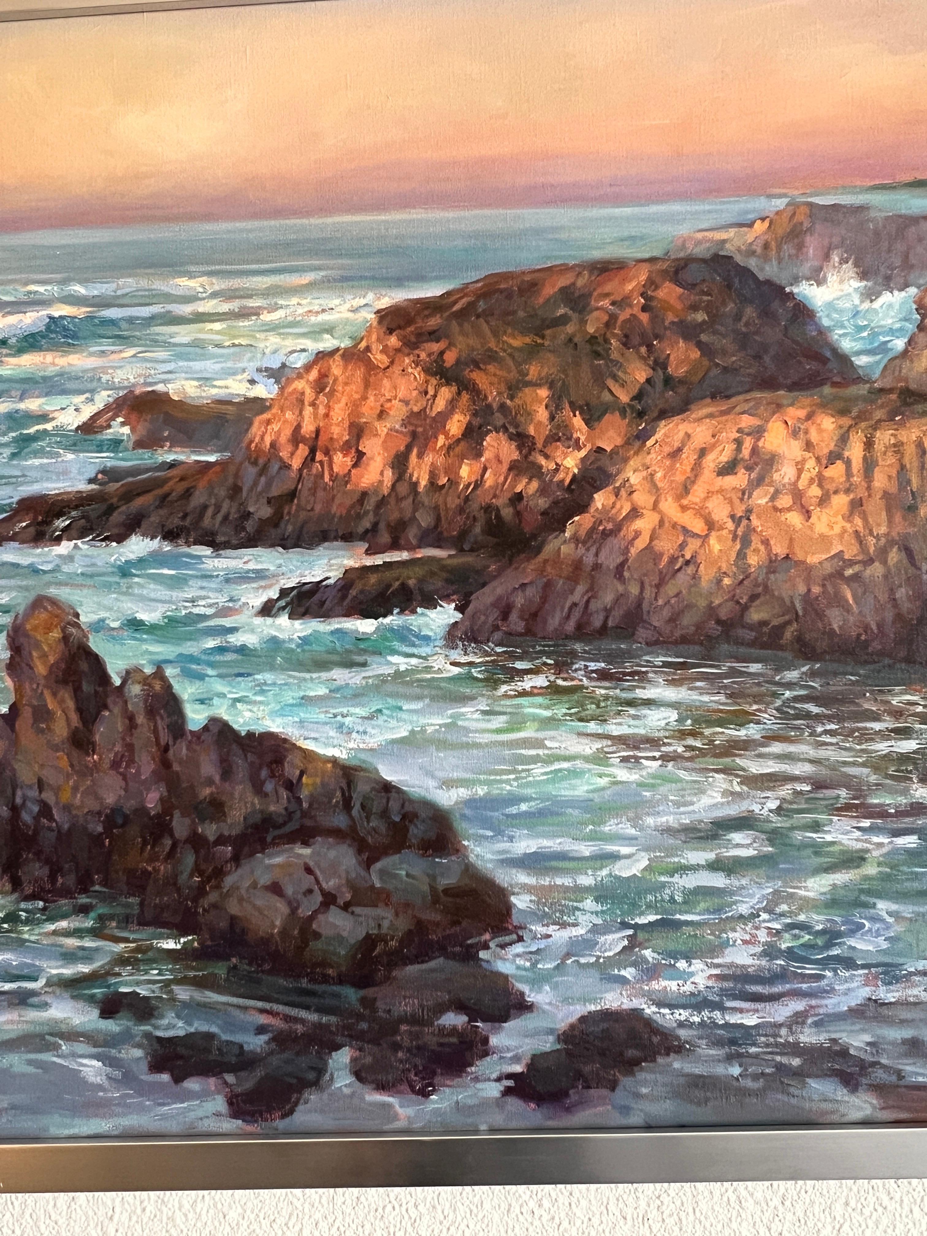 Paysage marin contemporain de Californie, Mendocino. Le rocher de l'éléphant. - Gris Landscape Painting par Lynn Gertenbach