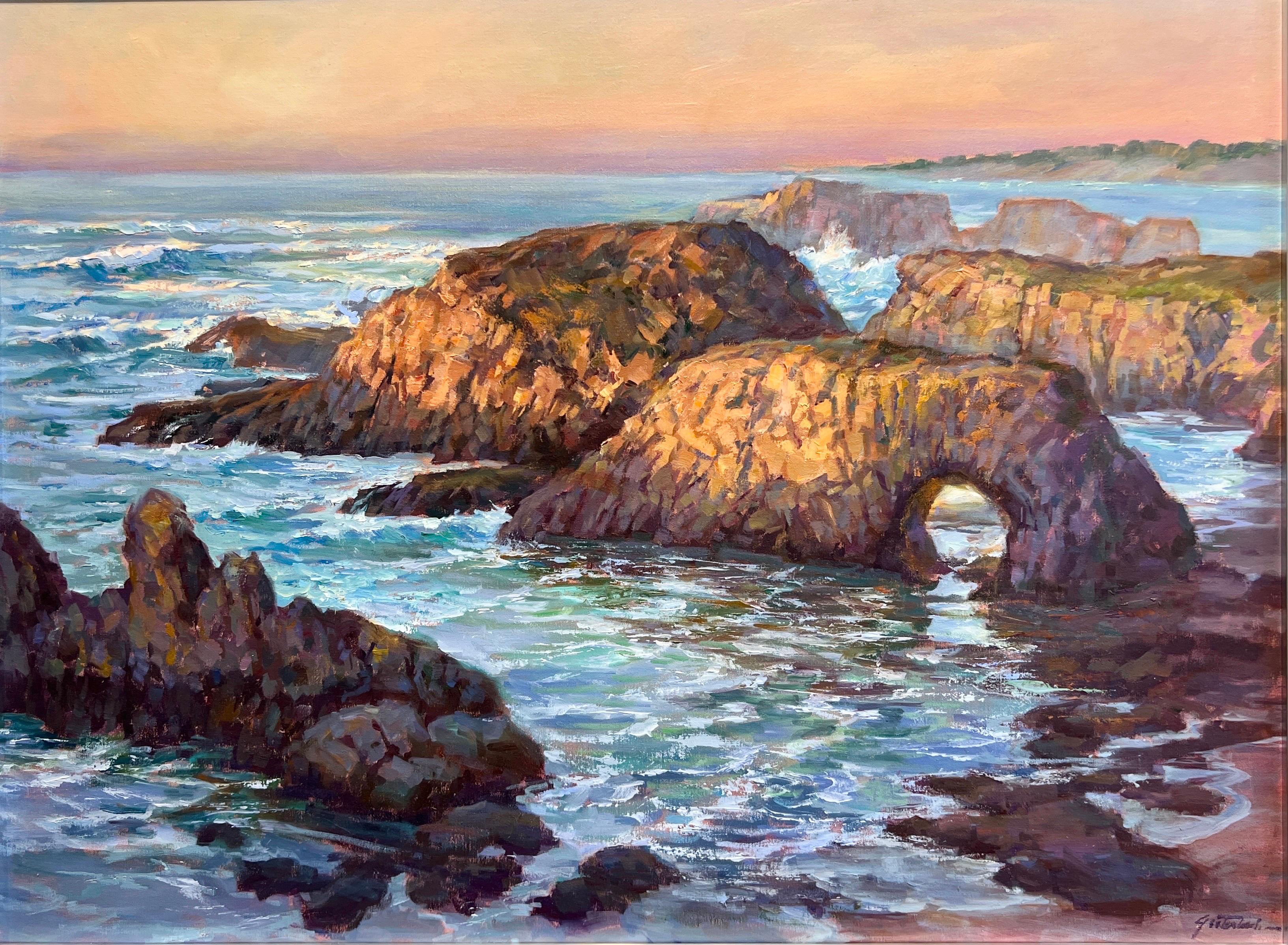 Landscape Painting Lynn Gertenbach - Paysage marin contemporain de Californie, Mendocino. Le rocher de l'éléphant.