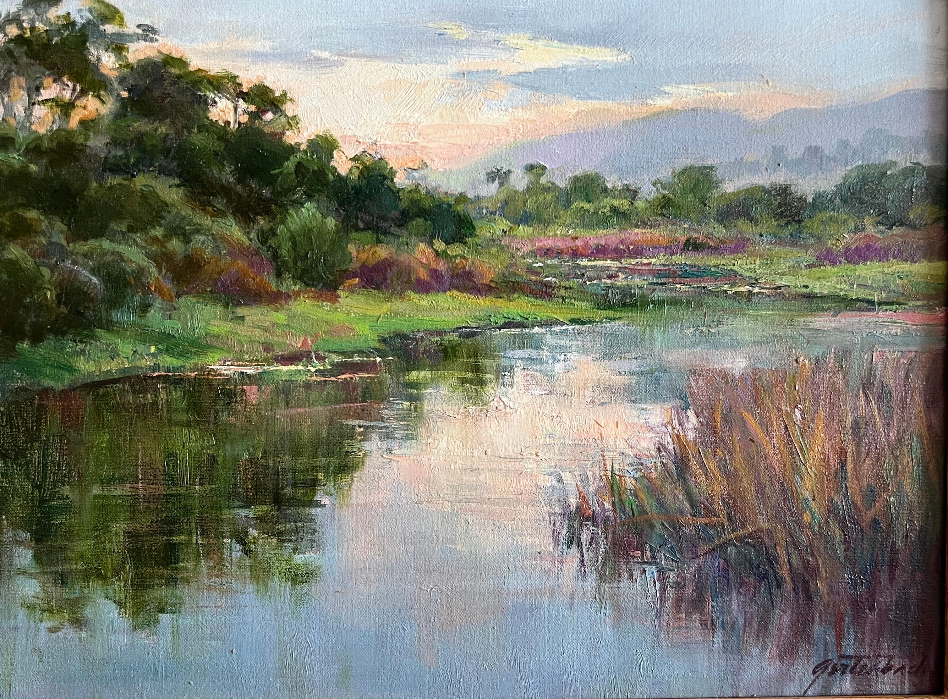 Voici l'une des peintures à l'huile de Lynn Gertenbach, représentant une belle scène de Malibu, en Californie. Ses coups de pinceau capturent l'équilibre de la beauté du paysage. Le tableau est signé en bas à droite et titré au verso. Mesurant 12x16