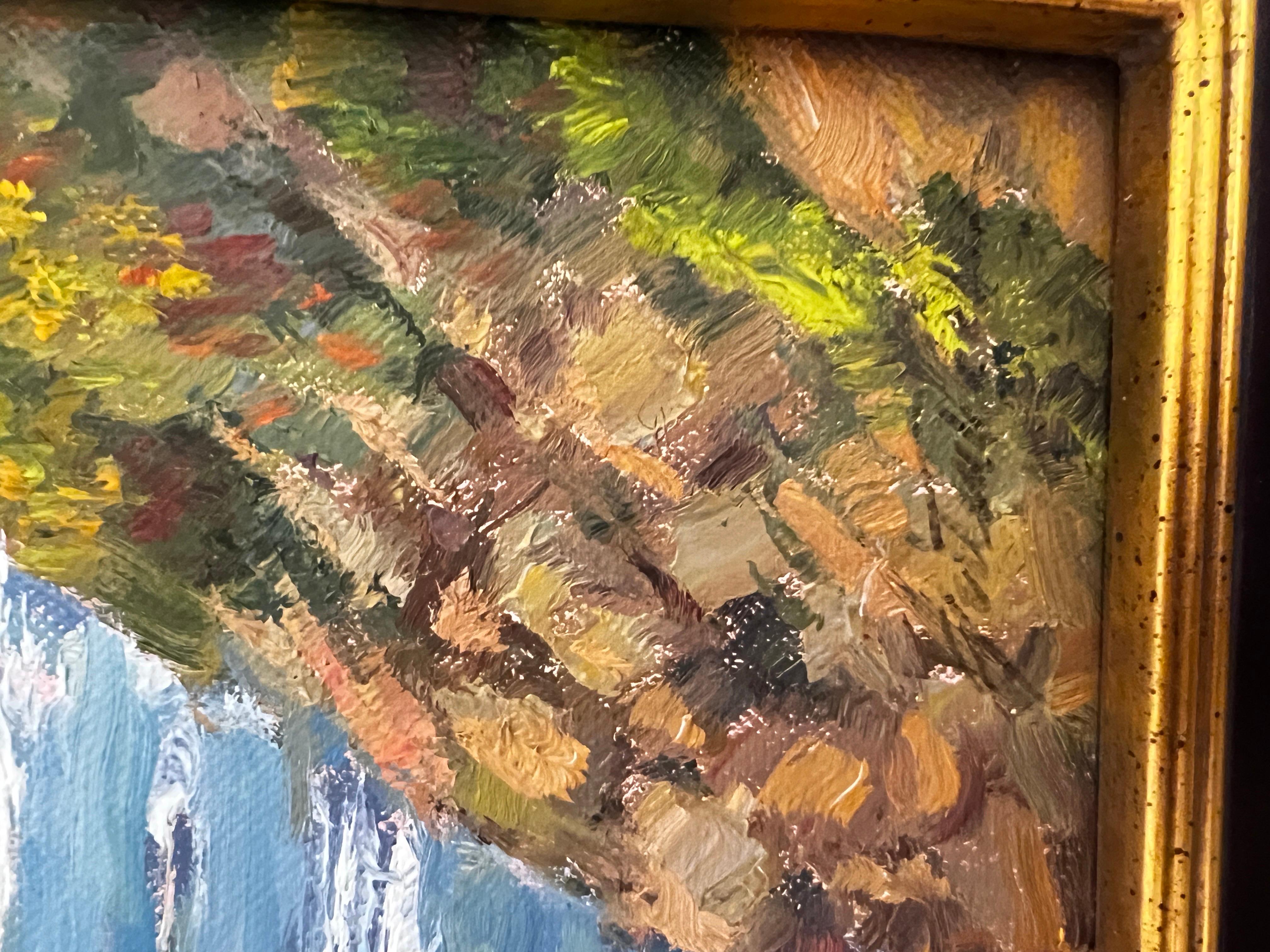 This painting was created by the plein air painter Lynn Gertenbach and is signed by the artist in the lower right corner. Measuring 8 inches by 10 inches without the frame, the painting was executed using oil on board, showcasing Gertenbach's