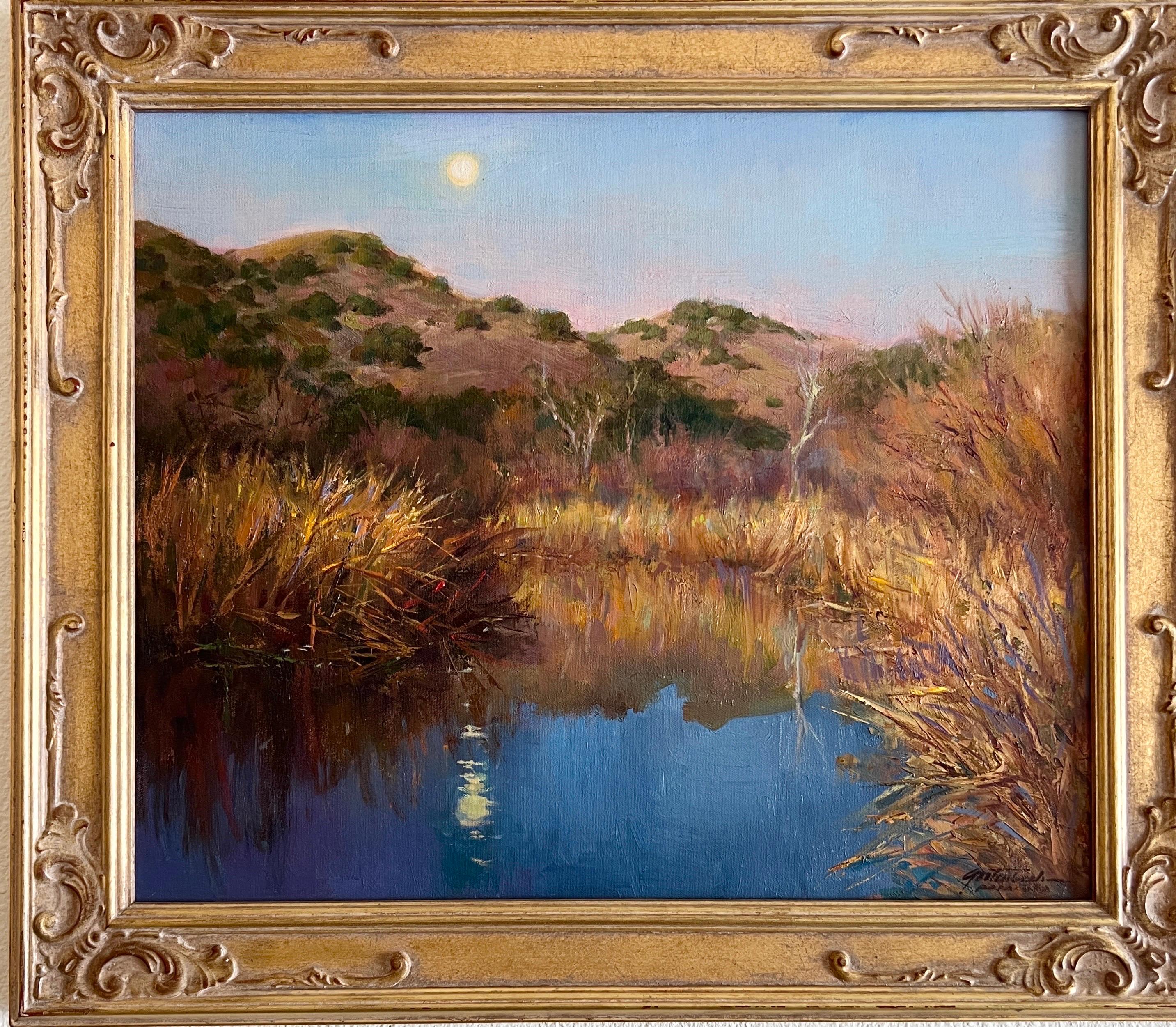 Lever de lune, Malibu Creek, paysage marin de Californie, plage de Malibue. - Painting de Lynn Gertenbach