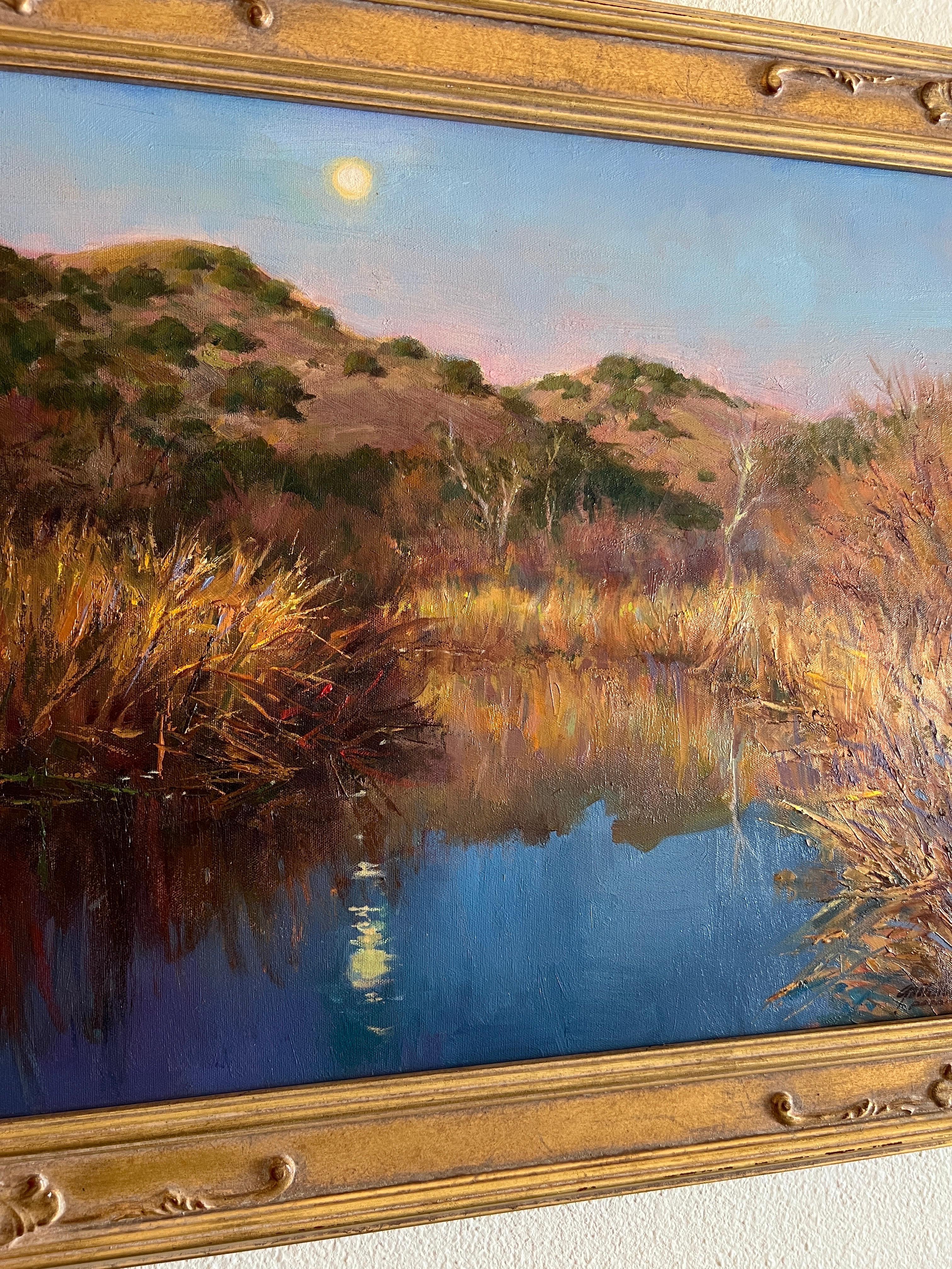 Lever de lune, Malibu Creek, paysage marin de Californie, plage de Malibue. - Impressionnisme Painting par Lynn Gertenbach