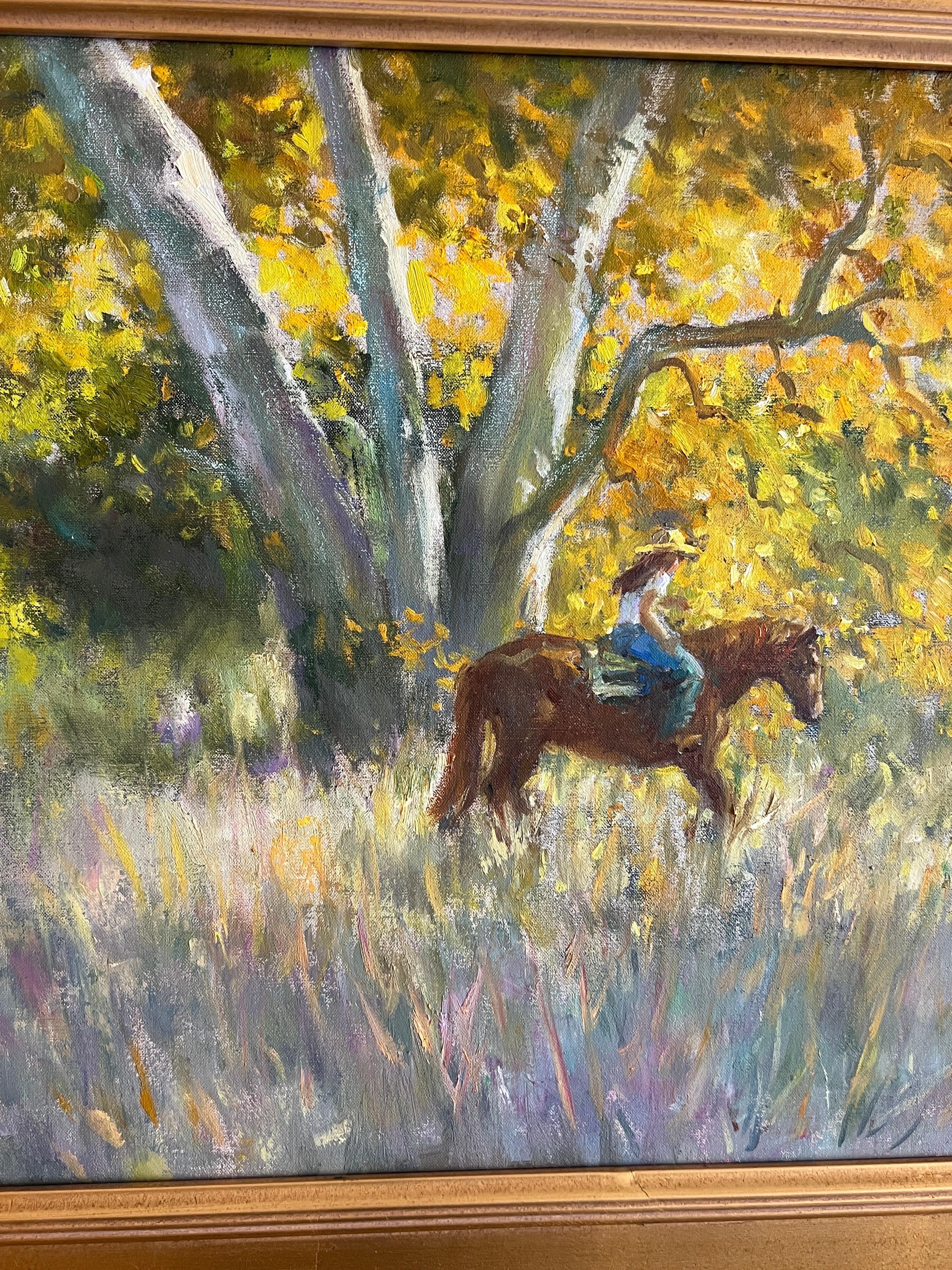 Horse at the Golden Hills, Californie , paysagiste californien impressionniste - Impressionnisme américain Painting par Lynn Gertenbach