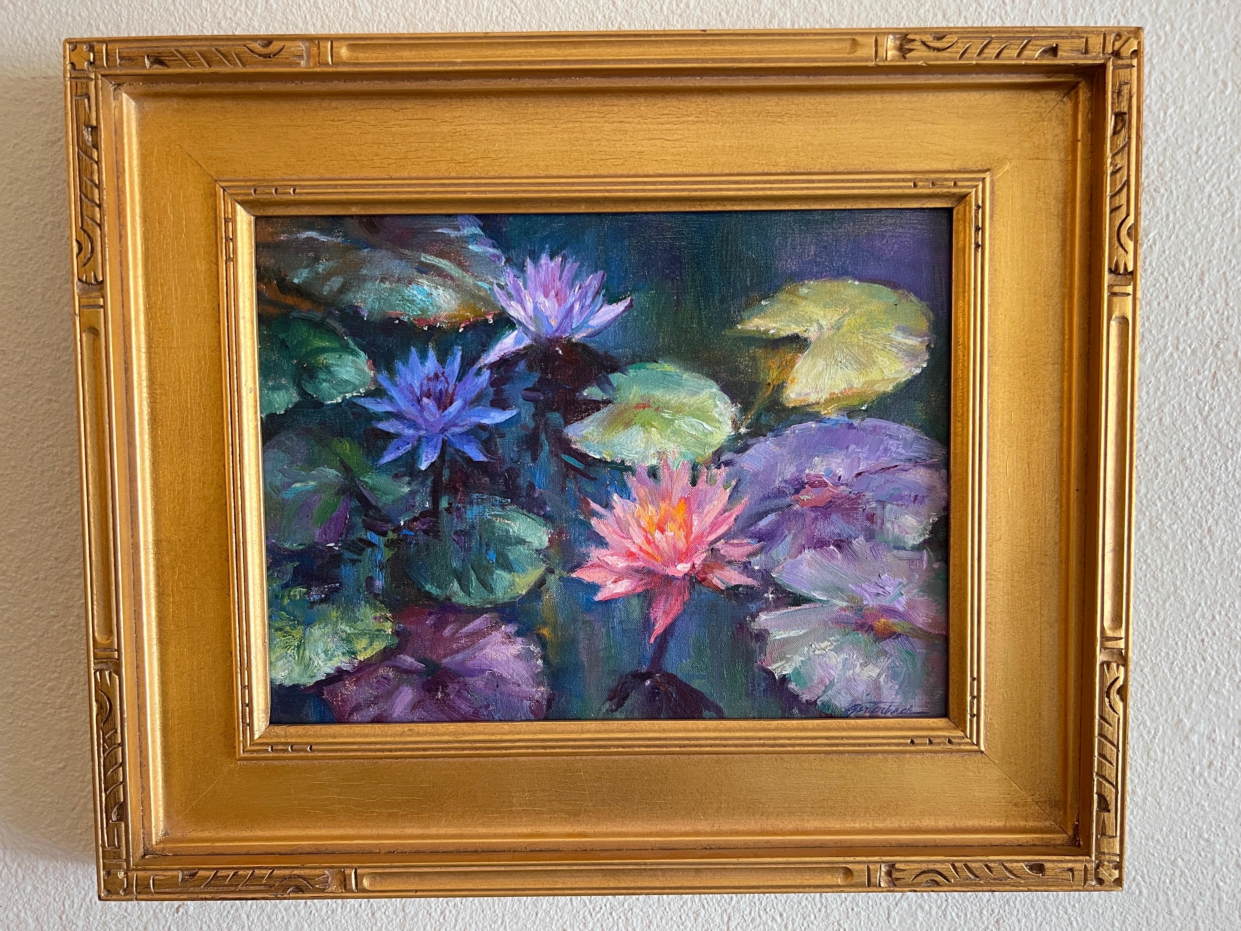 Lilien Ölgemälde, Wasser Juwelen, zeitgenössische Kunst Kalifornien plein air Maler – Painting von Lynn Gertenbach