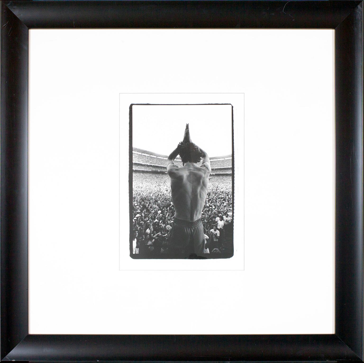 "Mick Jagger 'The Back'" framed black and white photograph by Lynn Goldsmith. Image size: 16 x 11 inches. This photograph was previously displayed in a guest room of the original Hard Rock Hotel and Casino in Las Vegas, Nevada, and comes with a