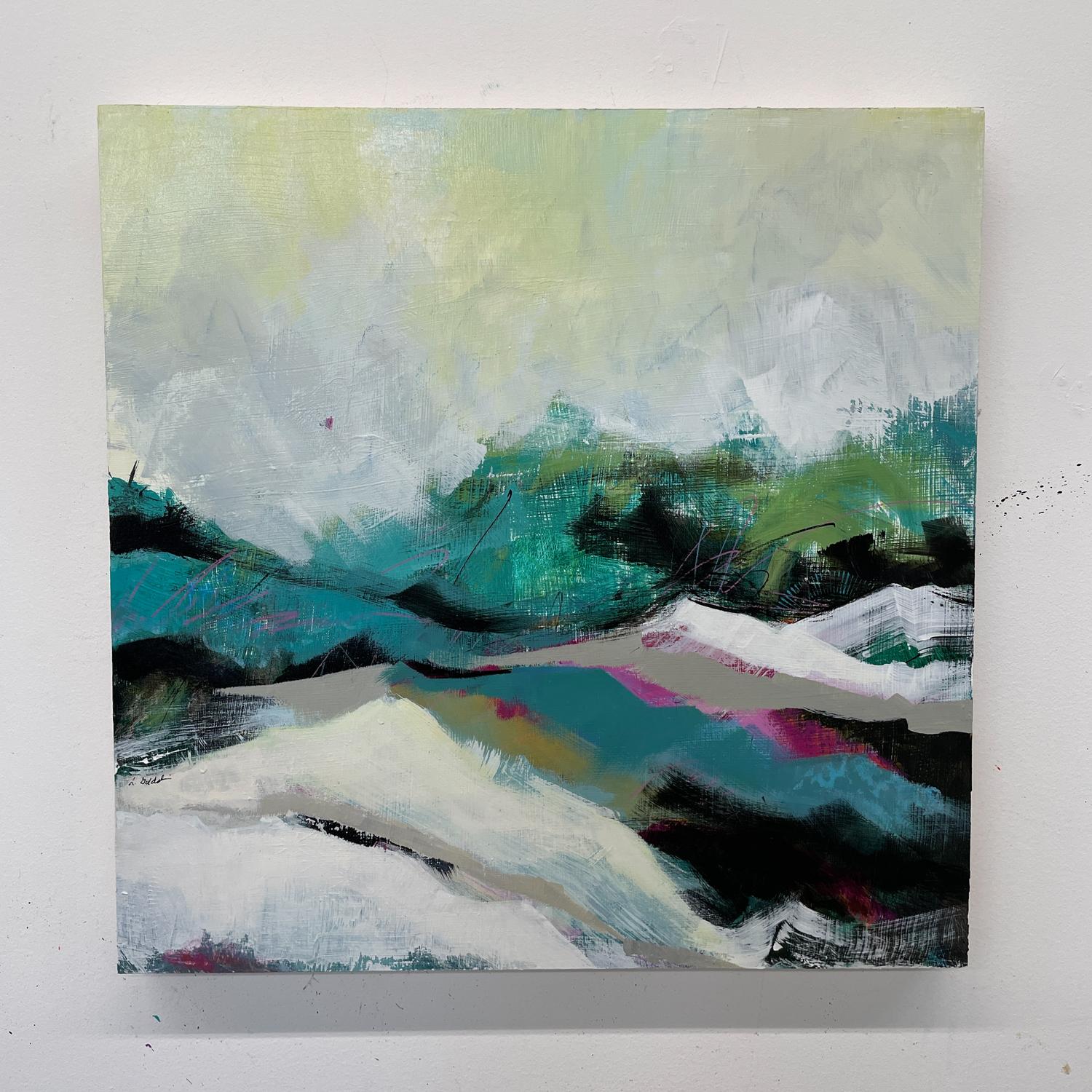 Surprise Landing, Abstraktes Gemälde (Grau), Landscape Painting, von Lynn Goldstein