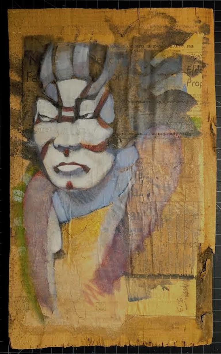 Description:

Painting: Oil on Wood with montaged paper.

This painting, on a beautiful piece of found wood, was inspired by the bombastic style of the great Kabuki actor, Ichikawa Danjuro Xll. The artist worked with him in his dressing room and