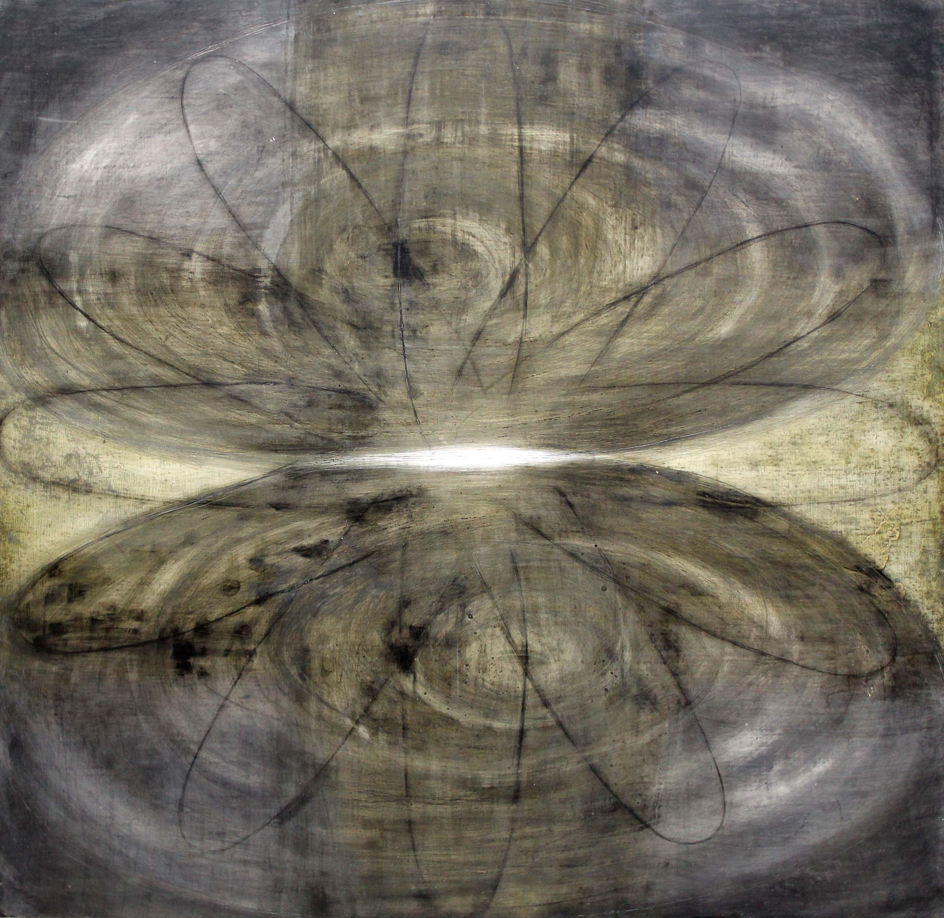 A contemplative abstract work by Lynn McCarty, created in 1990. This composition employs oil and graphite on masonite to achieve a striking balance of gestural line and tonal subtlety. Radiating elliptical forms converge toward a luminous central