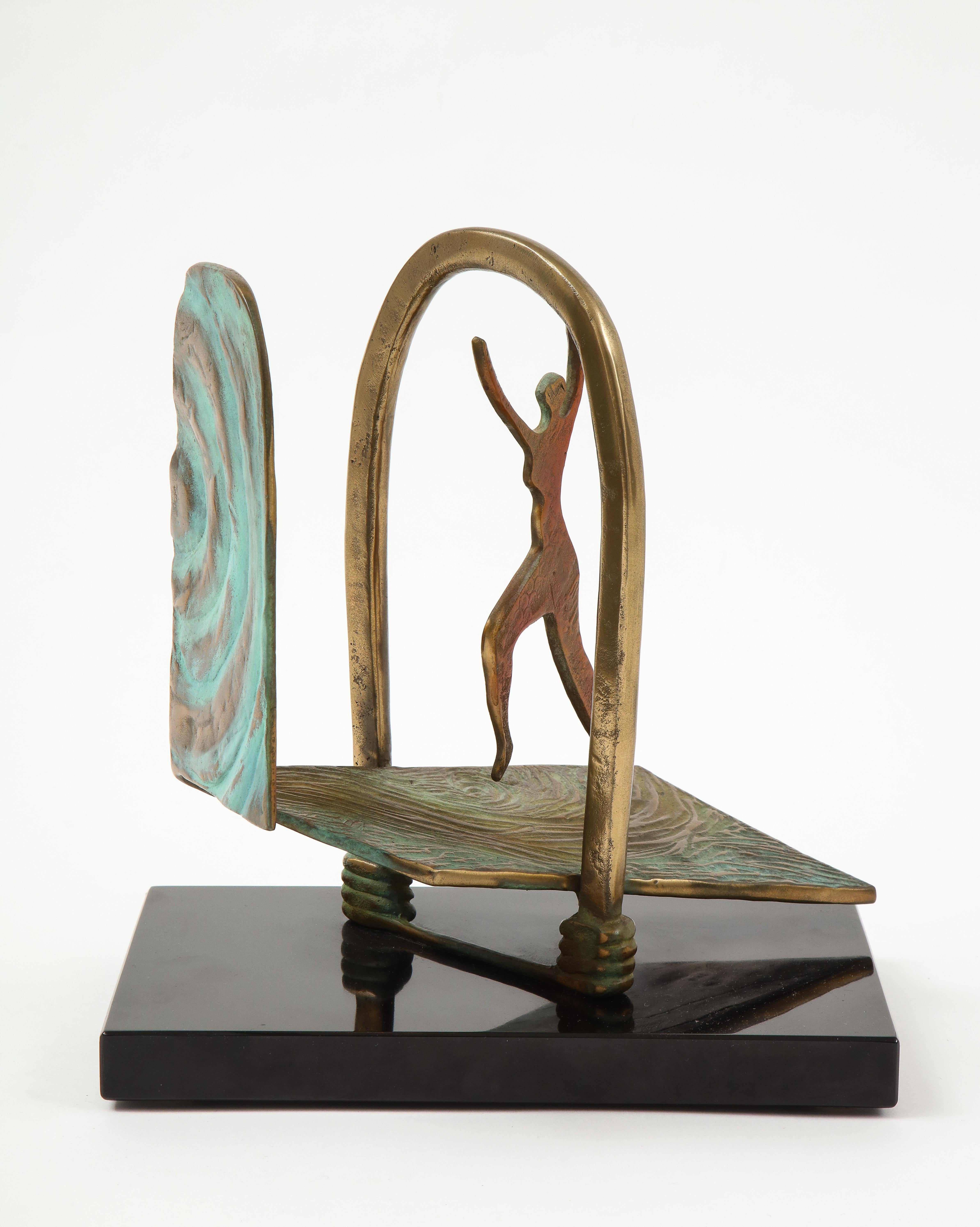 1970s modern bronze sculpture on granite base by Lynn Rae Lowe. In vintage original condition.